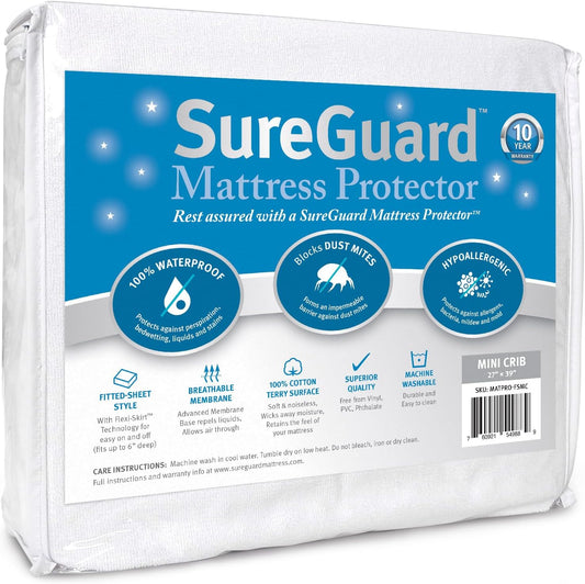 SureGuard Mini Crib Mattress Protector - 100% Waterproof, Hypoallergenic - Premium Fitted Cotton Terry Cover for Portable Pack n Play