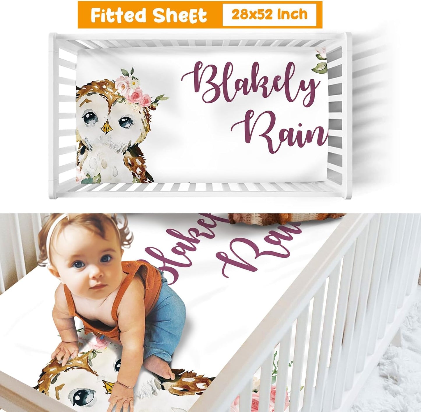 Custom Crib Bedding Set - Owl Design Personalized Name Baby Nursery Bed 3 Pcs Set - Chic Soft Blanket with Dotted Backing, Sheet, Pillowcase for Newborn Girls Boys Gifts Color22