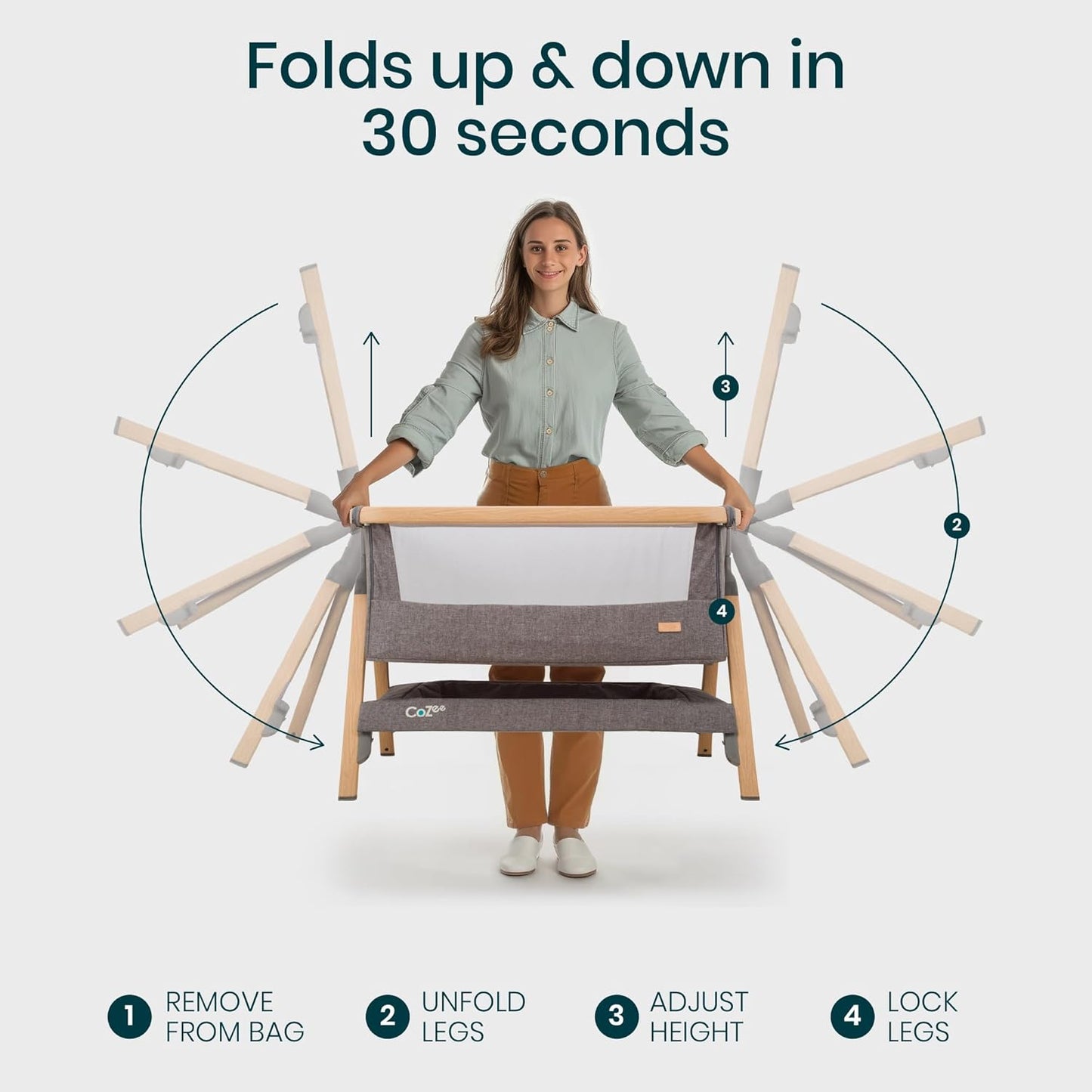 CoZee® 2-in-1 Baby Bassinet & Bedside Sleeper - Fast-Folding Bedside Bassinet, Baby Crib with 6 Mattress Heights & Breathable Mesh Window, Mattress Included, 0-6 Months (Oak & Charcoal)