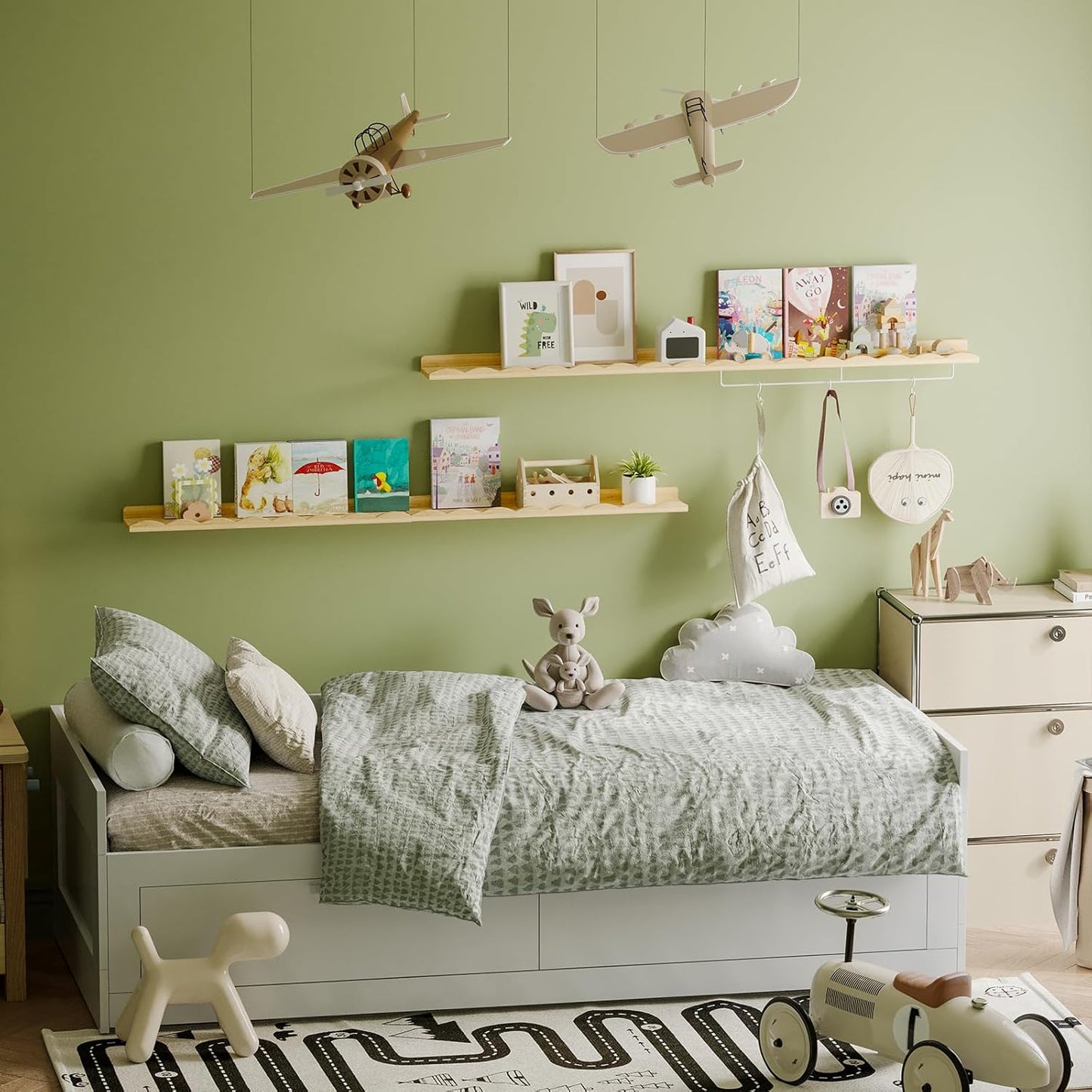 Fixwal Nursery Shelves, 24 Inch Floating Bookshelves for Wall Set of 4, Scalloped Wall Book Shelves with Towel Rack for Kids, Toddler Room, Baby Room, Nursery Decor and Storage(Natural Wood)