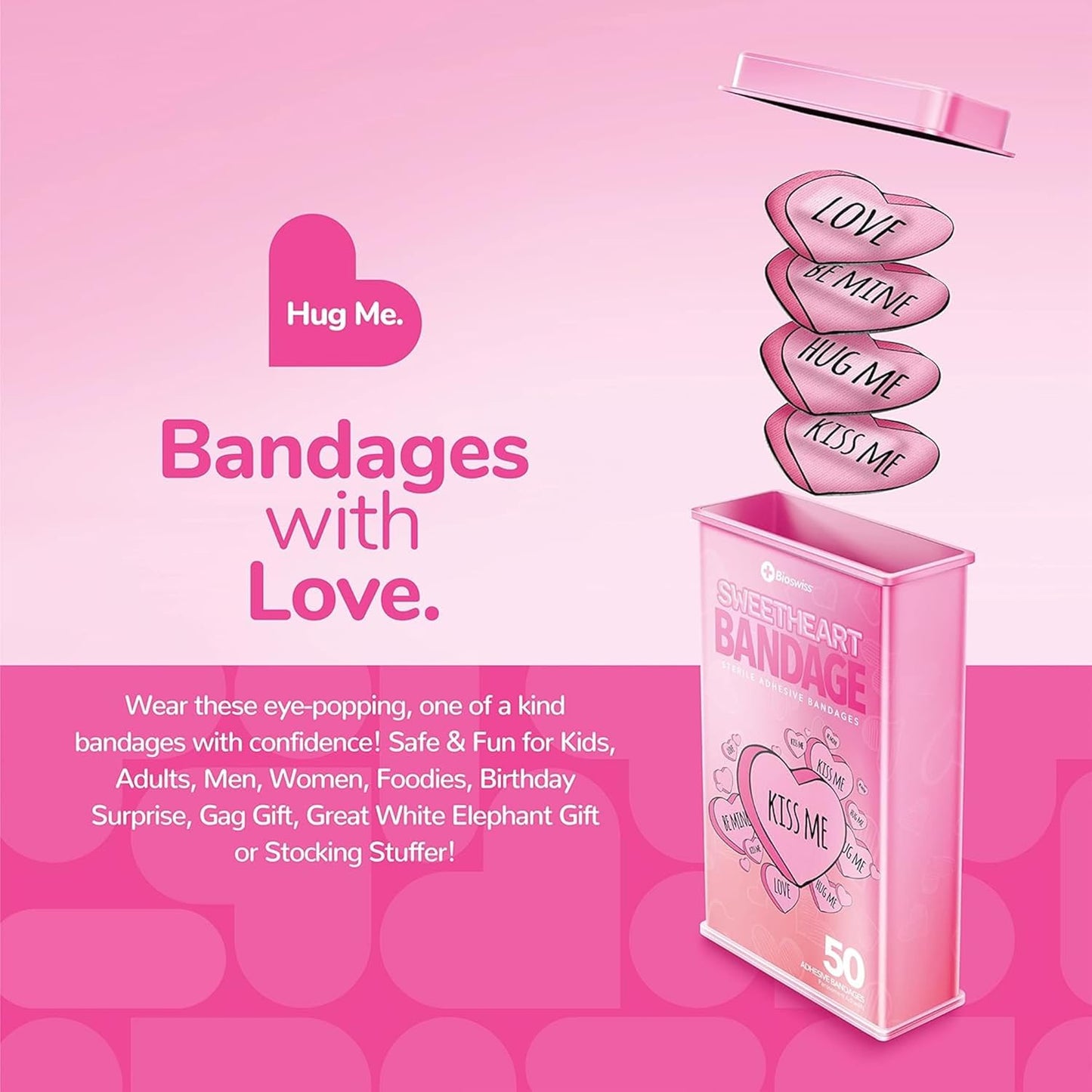 BioSwiss Bandages, Valentine Heart Shaped Self Adhesive Bandage, Latex Free Sterile Wound Care, Fun First Aid Kit Supplies for Kids, 50 Count