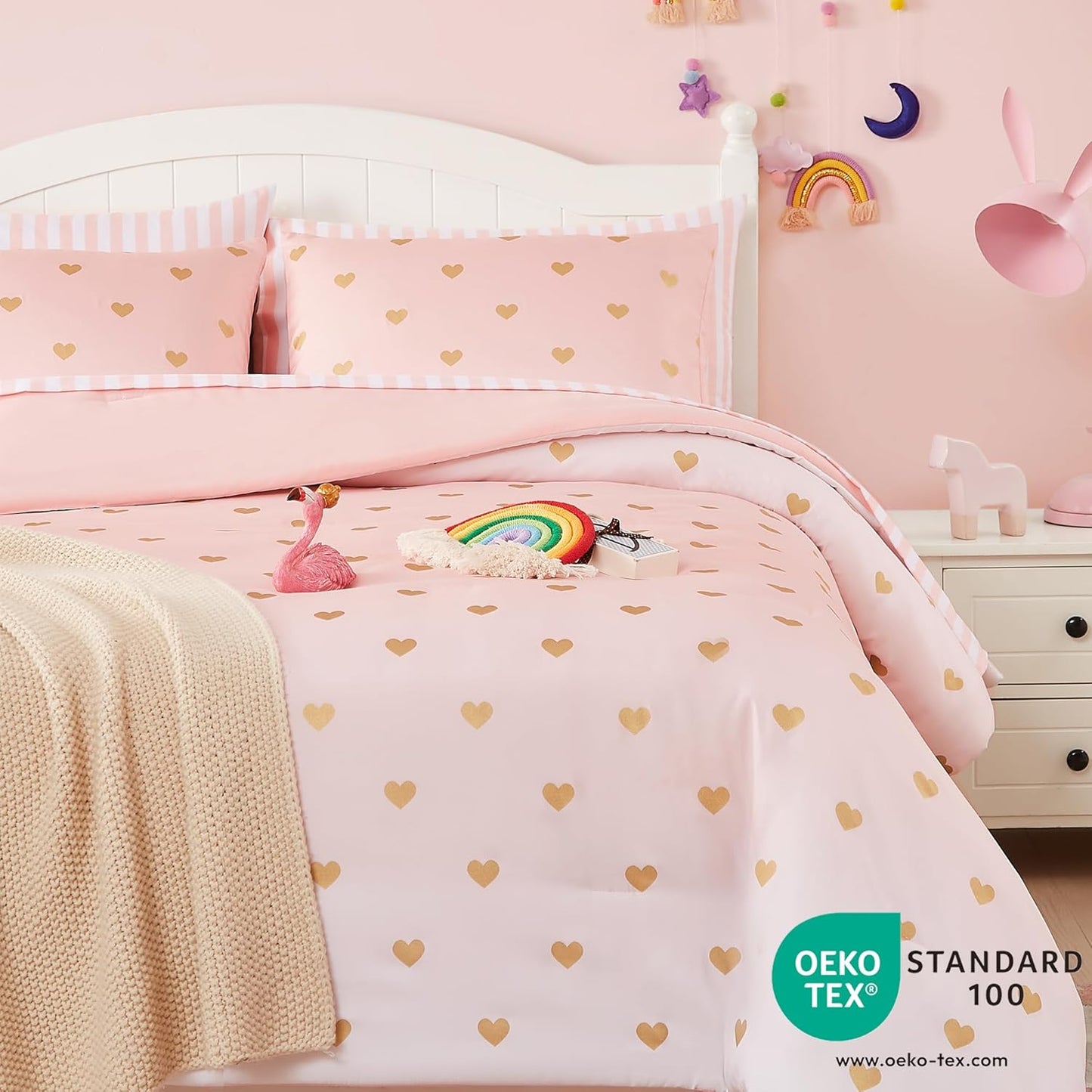 Full Size Comforter Sets with Sheets for Girls-7 Pieces Full Size Bedding Sets with Pink Comforter, Sheets, Pillowcases & Shams for Kids (Pink Gold Heart, 76" X 86")
