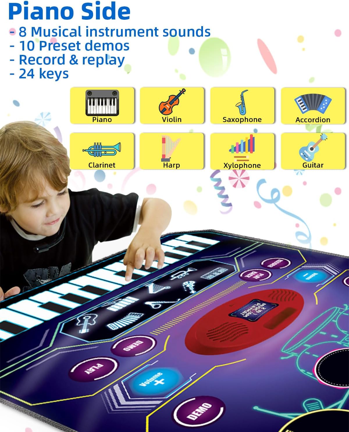 SUNLIN 2-in-1 Music Jam Mat, Music Learning Toy for Boys Girls 3-6, Drum Set + Piano Mat, Toddler Birthday Gift 3 4 5 6 Years, Record & Playback, Built-in Songs, 8 Instrument Sounds, Volume Control