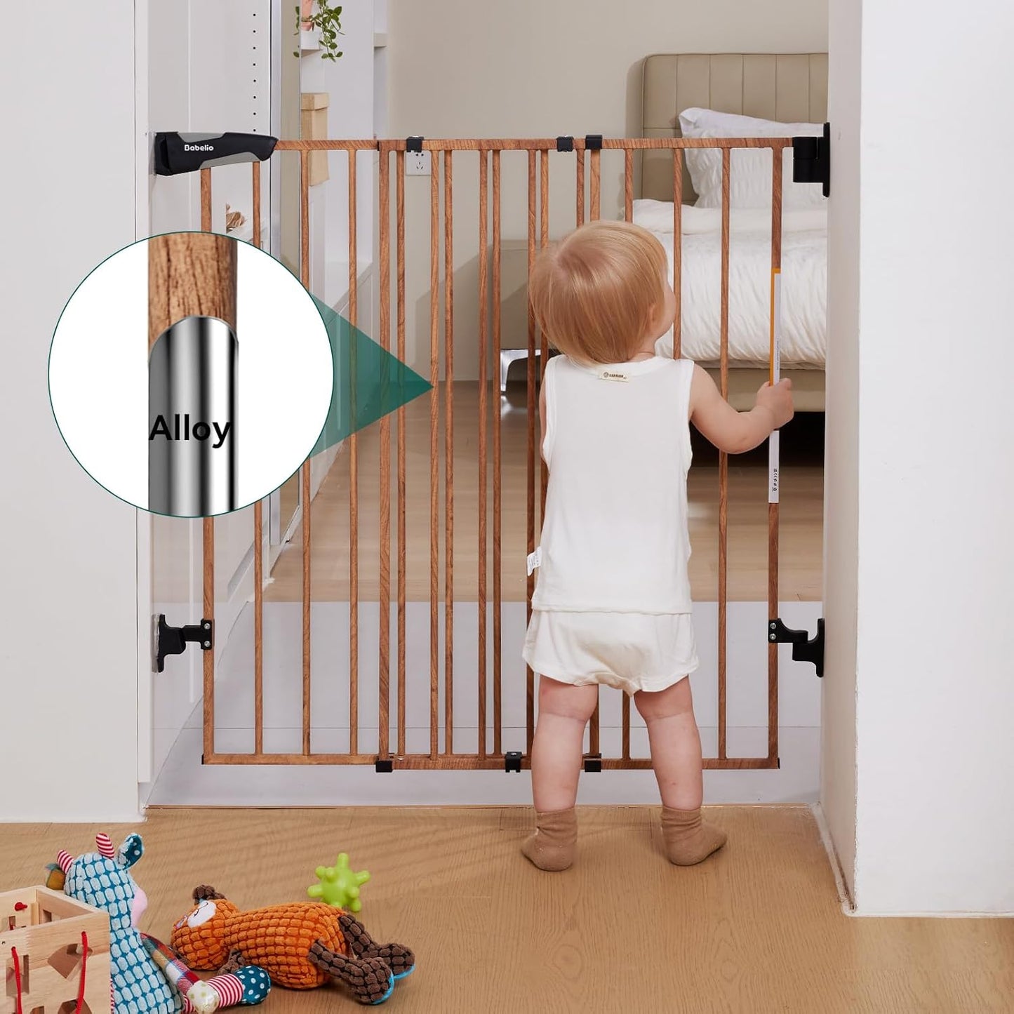 Babelio 34" Extra Tall Baby/Dog Gate with No Threshold Design Walk Thru Door, 26-43" Auto Close Safety Gate for Babies, Elders and Pets, Fits Doorways, Stairs, and Entryways, Brown Wood Pattern