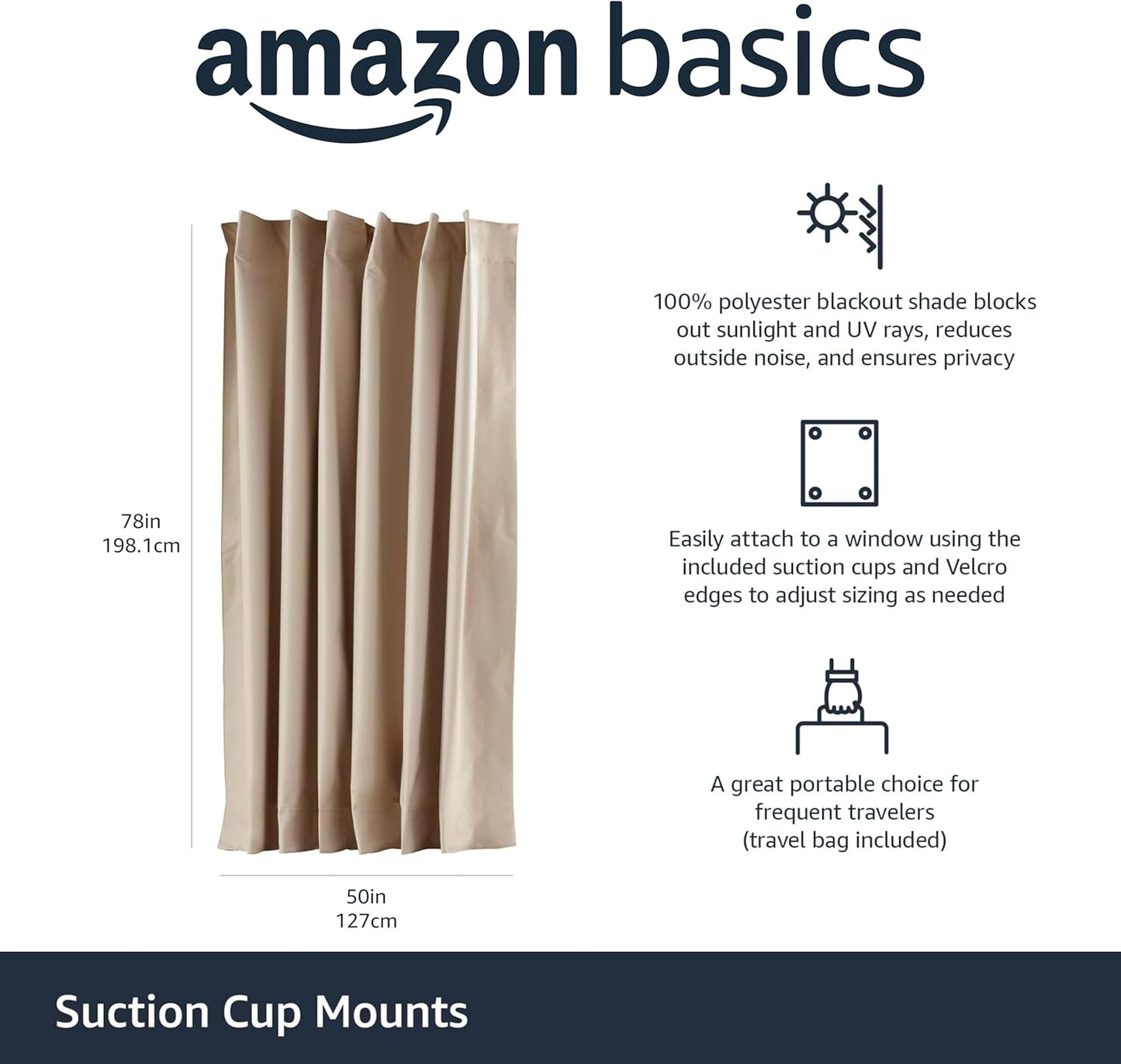 Amazon Basics Portable Blackout Curtain Shade with Suction Cups, 50"W x 78"L, 1-Pack, Beige