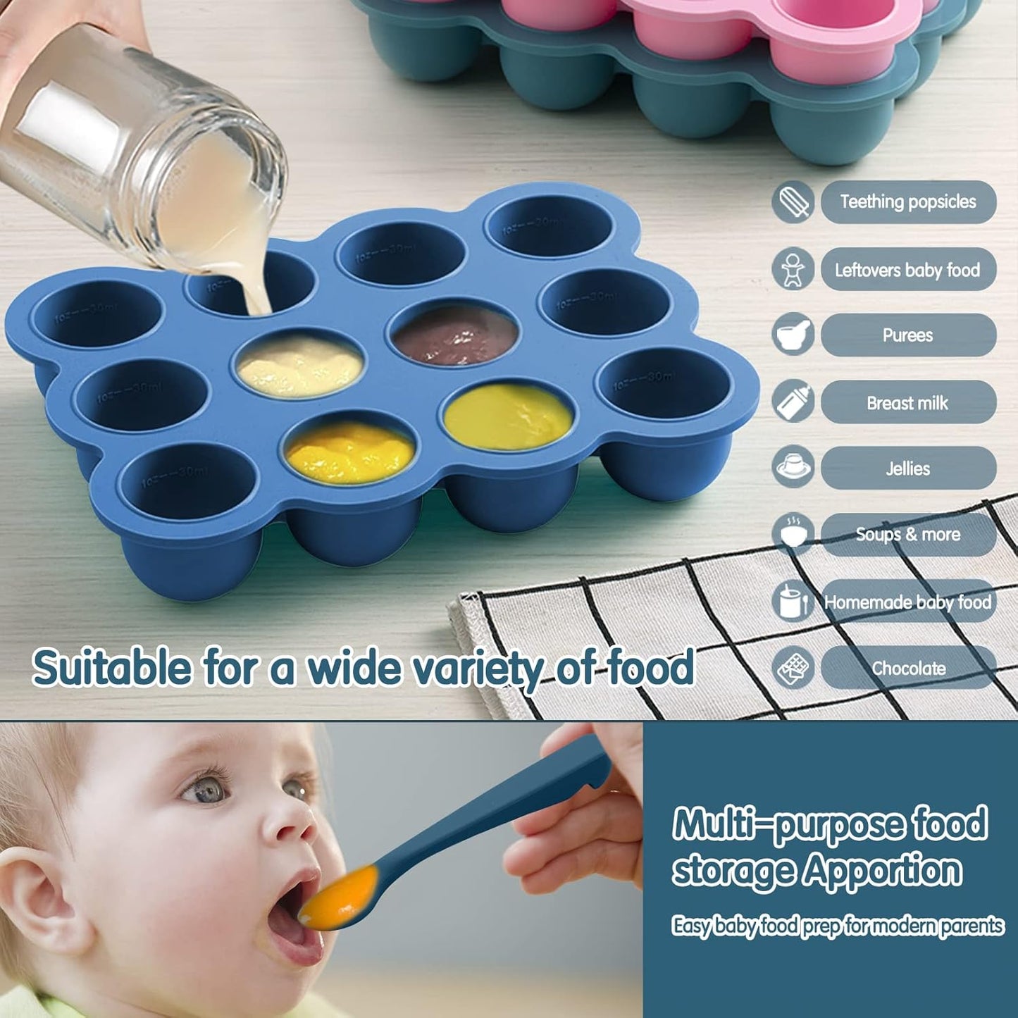 Baby Food Storage - 12 x 1.5OZ Silicone Freezer Tray with Lid, Containers for Homemade Purees - Midnight Blue