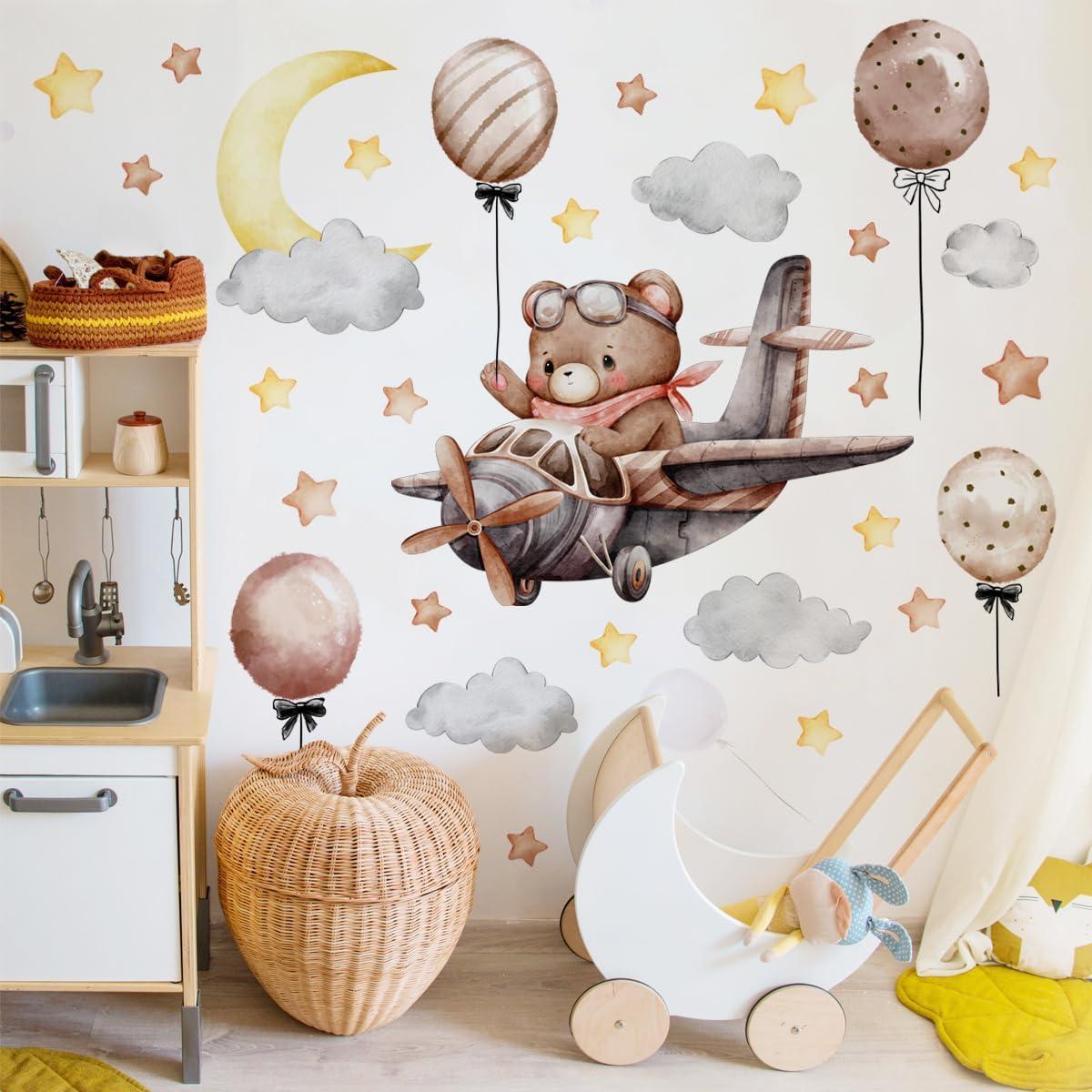 Runtoo Baby Bear Flying Plane Wall Decal Moon and Stars Sweet Dream Animal Wall Stickers Baby Nursery Kids Bedroom Home Decor