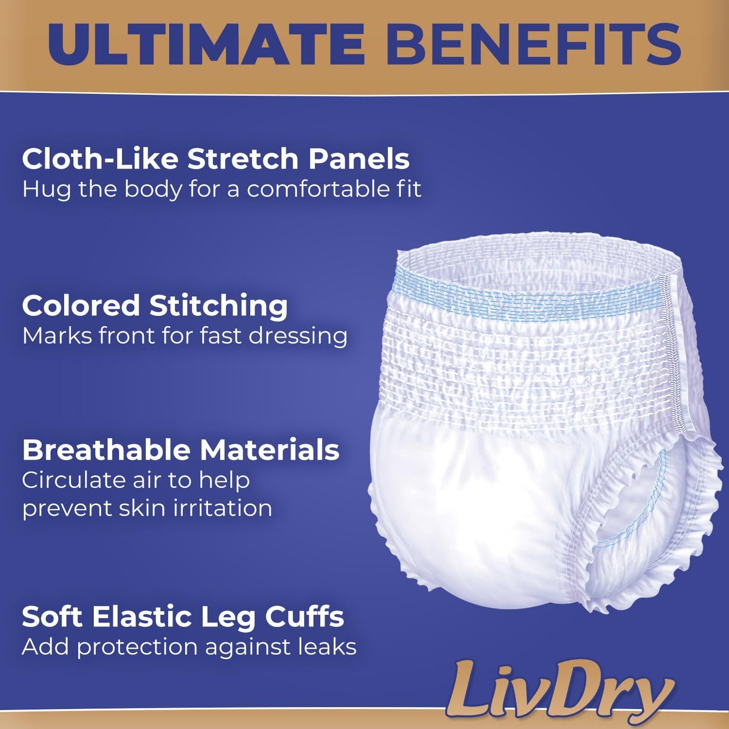 LivDry Large Ultimate Adult Incontinence Underwear, High Absorbency, Leak Cuff Protection, L, 60-Pack