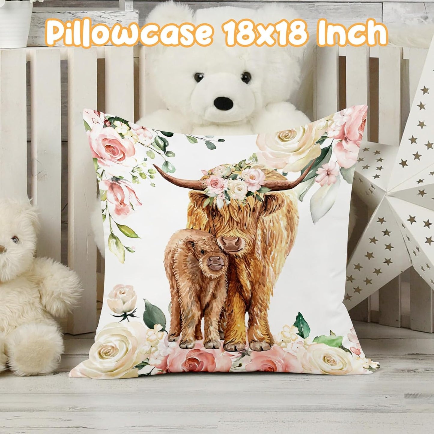 Baby Crib Bedding Set - Highland Cow Design Nursery Bed 3 Pcs Set - Chic Soft Blanket with Dotted Backing, Sheet, Pillowcase for Newborns Girls Boys Gifts Color01