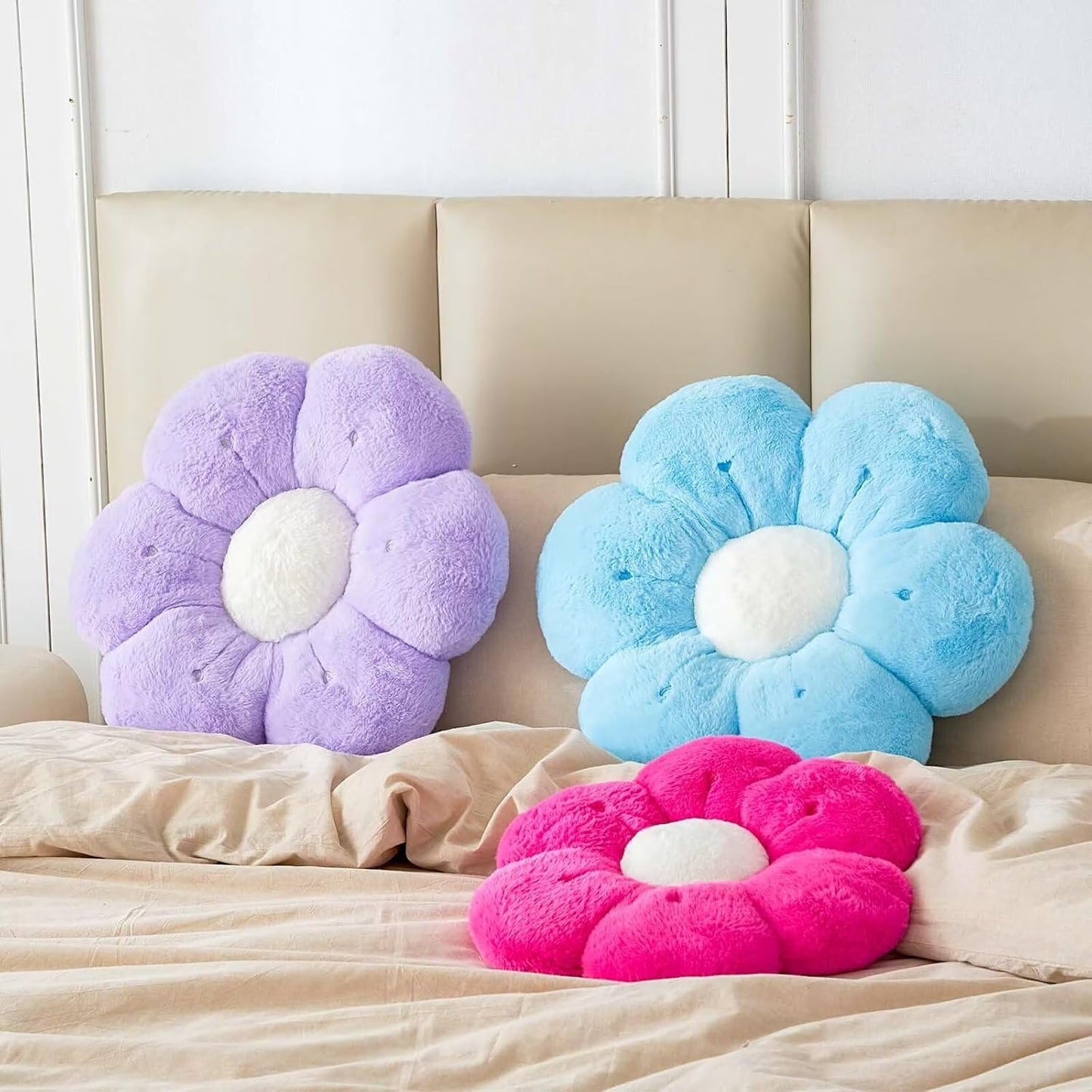 Flower Pillow, Cute Flower Shaped Decorative Pillow, Soft Rabbit Fur Daisy Pillow Home Decor Floor Seating Cushion for Bedroom Living Room (Blue2 14.9 Inch)