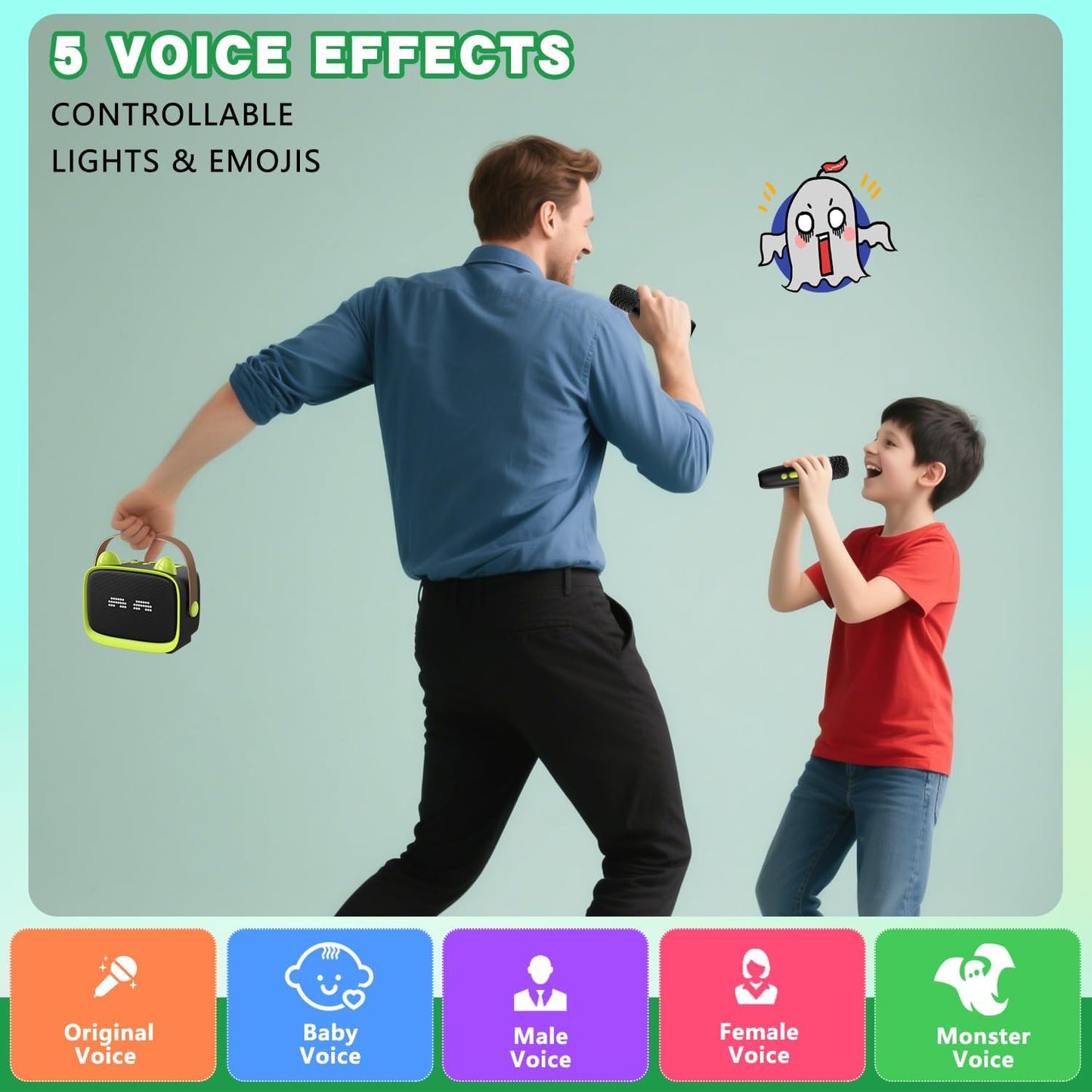 Mgaolo Upgraded Mini Karaoke Machine Toy for Kids, Portable Bluetooth Speaker with 2 Wireless Mics, Emoji & Colorful LED Lights, Home Travel & Party Play Gifts for Boys Girls (Green)