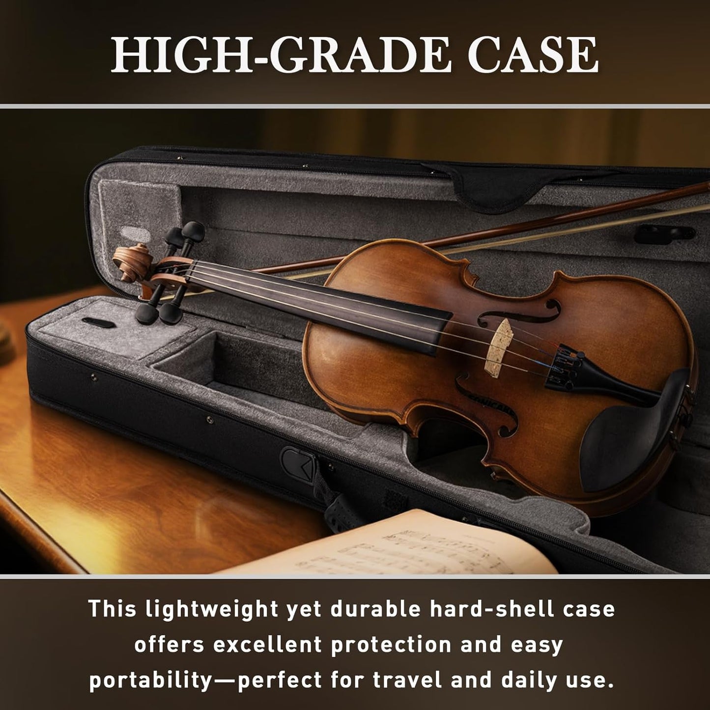 SONICAKE Violin 4/4 Full Size Set, Fiddle Solidwood for Beginners Adults, Acoustic Violin with Hard Case, Shoulder Rest, Rosin, Two Bows, Clip-on Tuner and Extra Strings, QVL-01
