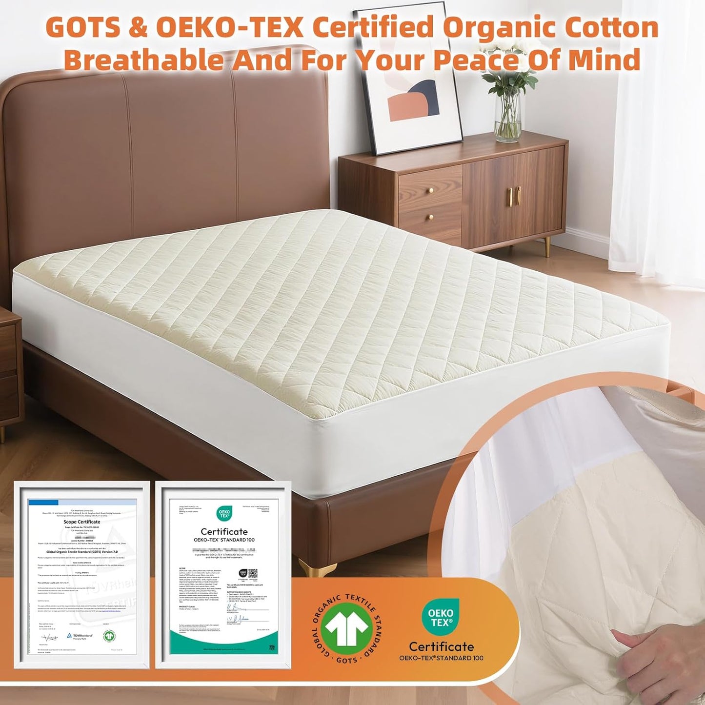Lofe Organic Cotton King Mattress Protector - Top&Side 100% Waterproof Mattress Protectors, Breathable Organic Mattress Protector, Noiseless King Mattress Protectors Waterproof 80x76x17 in