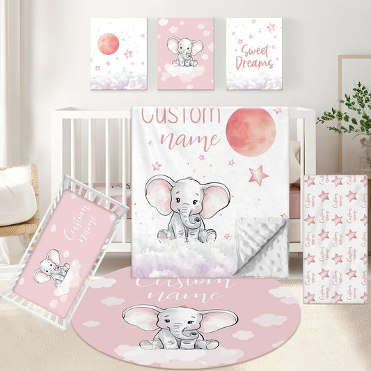 Personalized Nursery Bedding Set, 5 Pcs - Custom Baby Girl Elephant Bedding, Toddlers Bedding Set with Name, Double Layer, Customized Gift for Infant Kid