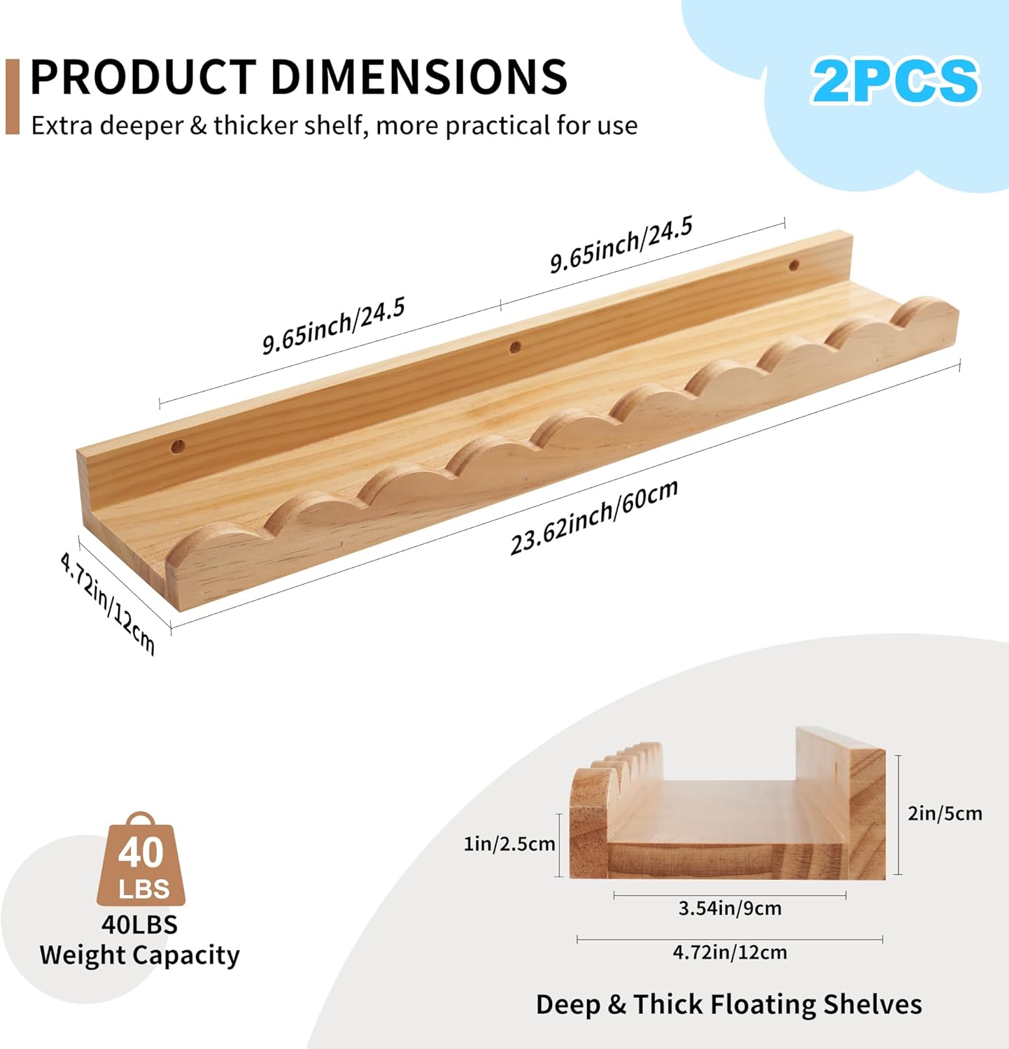 Nursery Book Shelves, Scalloped Floating Shelves Set of 2 Solid Pine Wood Wall Mounted Bookshelf with Wave Lip for Bedroom Kids, Toddler Room, Baby Room 24inch Natural