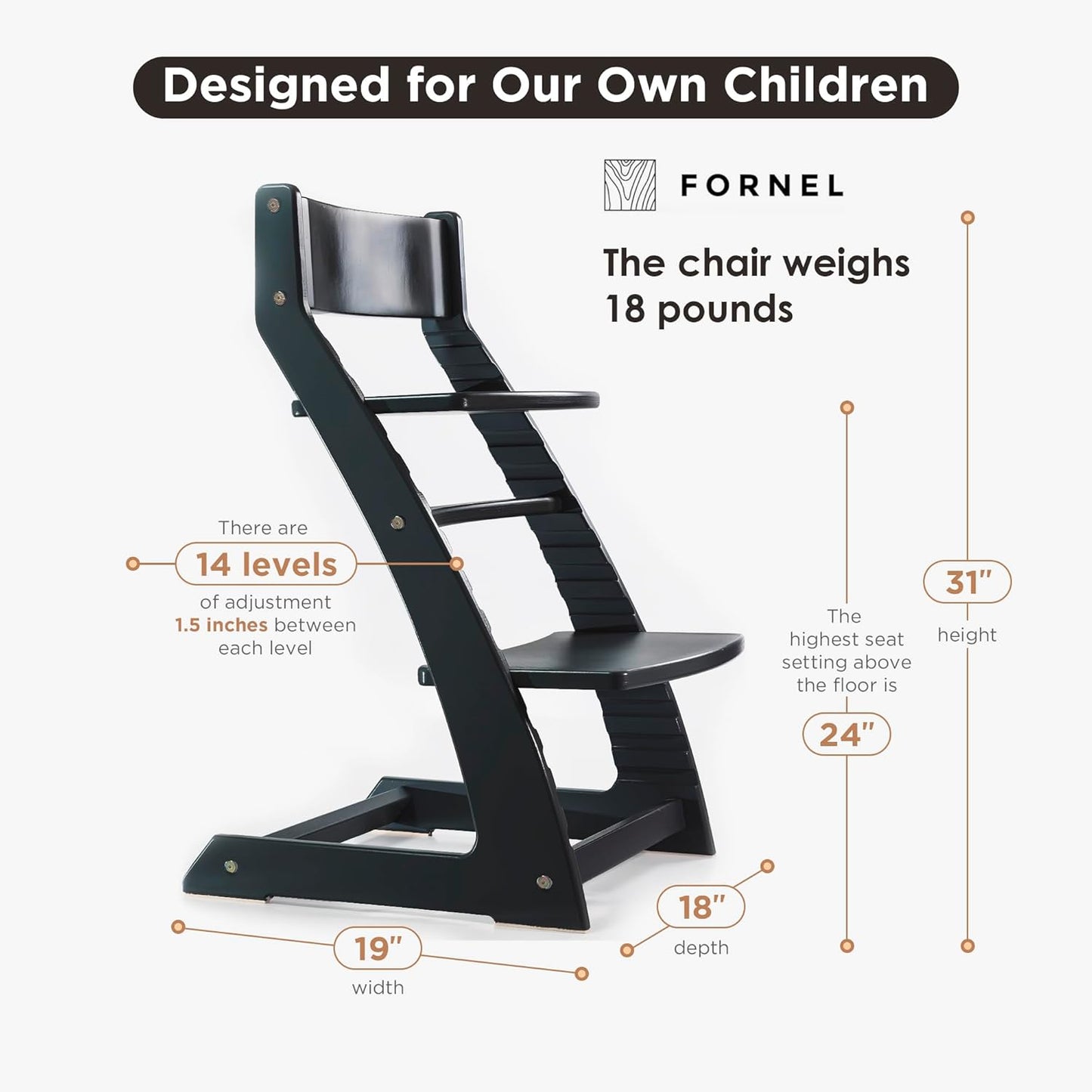 FORNEL Modern Black Wooden High Chair | The Adjustable Grow-with-Me Chair, A Sleek Alternative to Stokke | Perfect for Minimalist & Industrial Kitchens