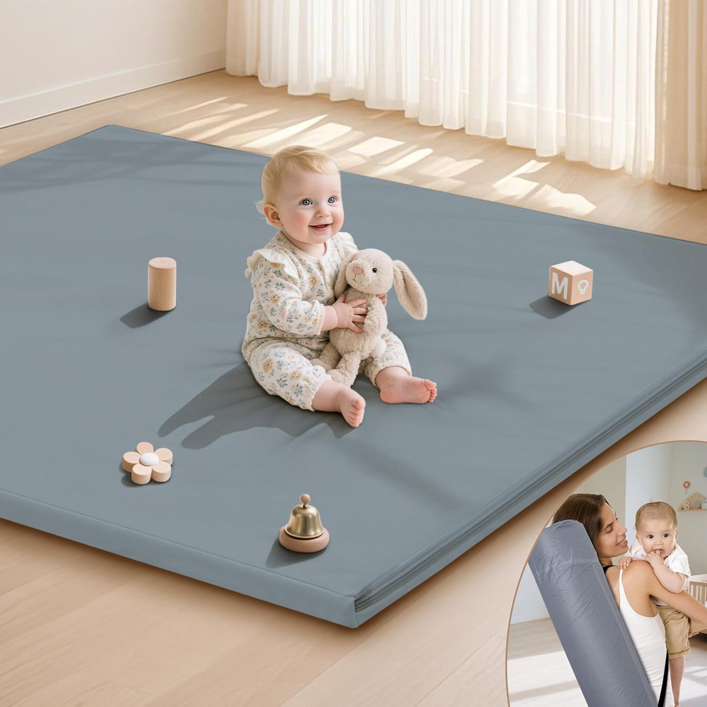 Baby Play Mat 47x47 Inches, Extra Thick 1.2" Foam Floor Mat for Tummy Time & Crawling, Waterproof Non-Slip Faux Leather Playpen Mat for Infants Toddlers, Indoor Outdoor Gym Activity, Blue