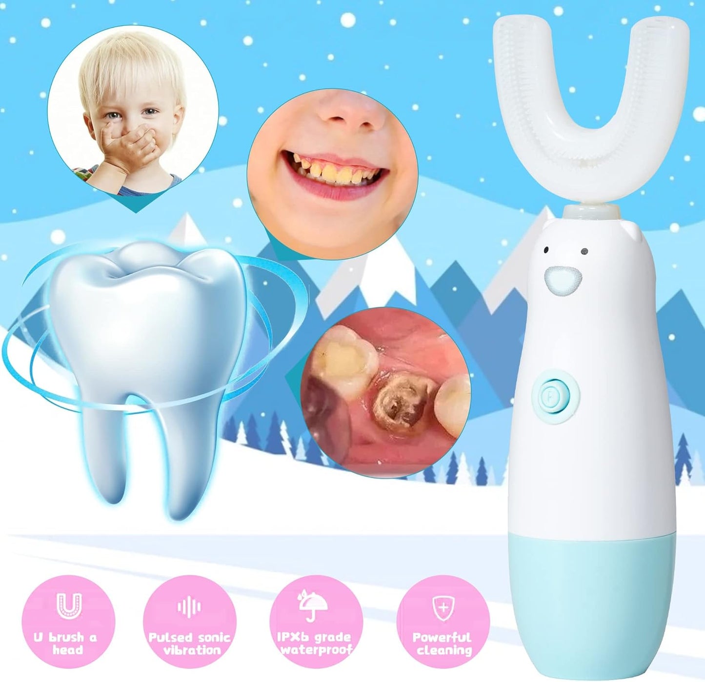 Kids Electric Toothbrush，U Shaped Toothbrush Waterproof Battery Powered 360 Automatic Sonic Toddler Toothbrushes for 8-13 Years Old for Boys Girls ，with 2 Replacement Brush Heads（Blue）