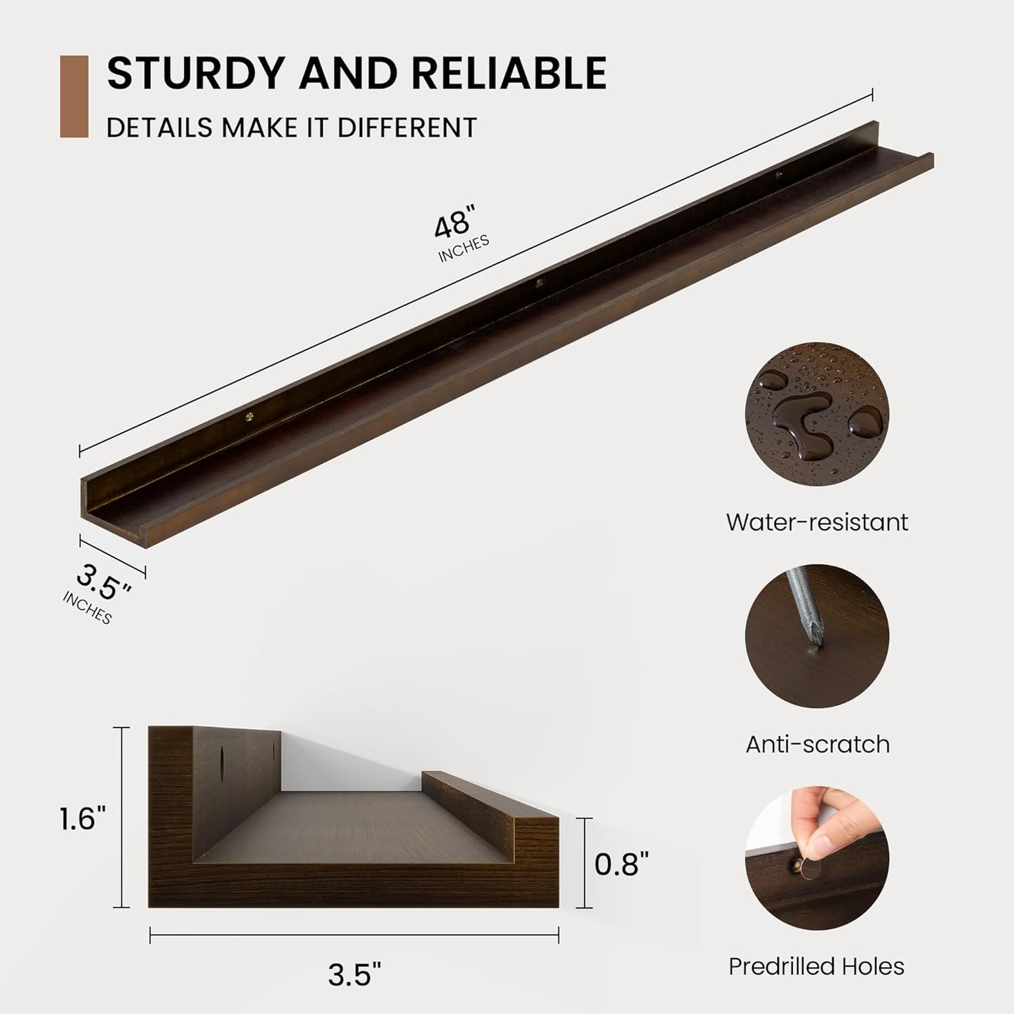 Picture Ledge Shelf, Solid Pine Wood Floating Shelves Set of 2, 48 Inches Nursery Book Shelves for Toys Storage, Kids Bookshelf Wall Mounted for Living Room Bedroom Decor Books Photo Frames, Walnut