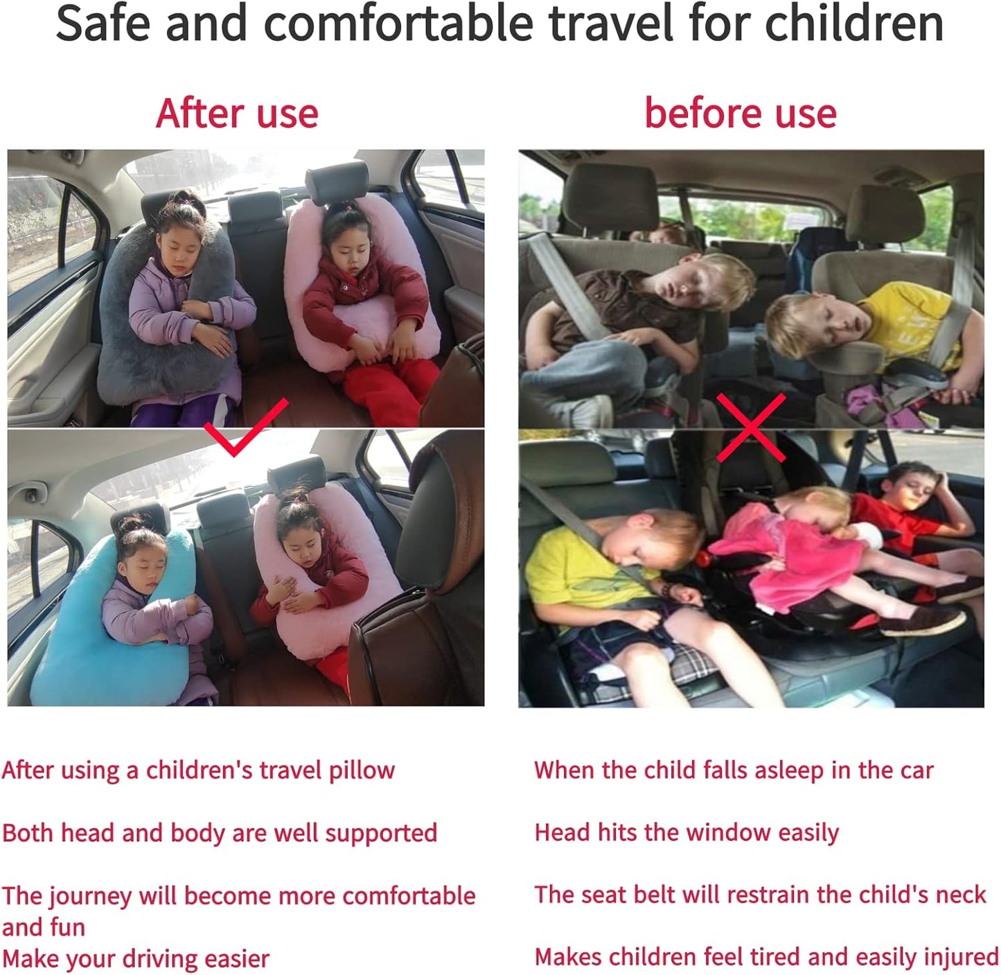 Travel Pillow Car Pillow Kid Car Sleeping The Sleeping Aid for Adults and Kids on Road Trips Kids Travel Pillow Red