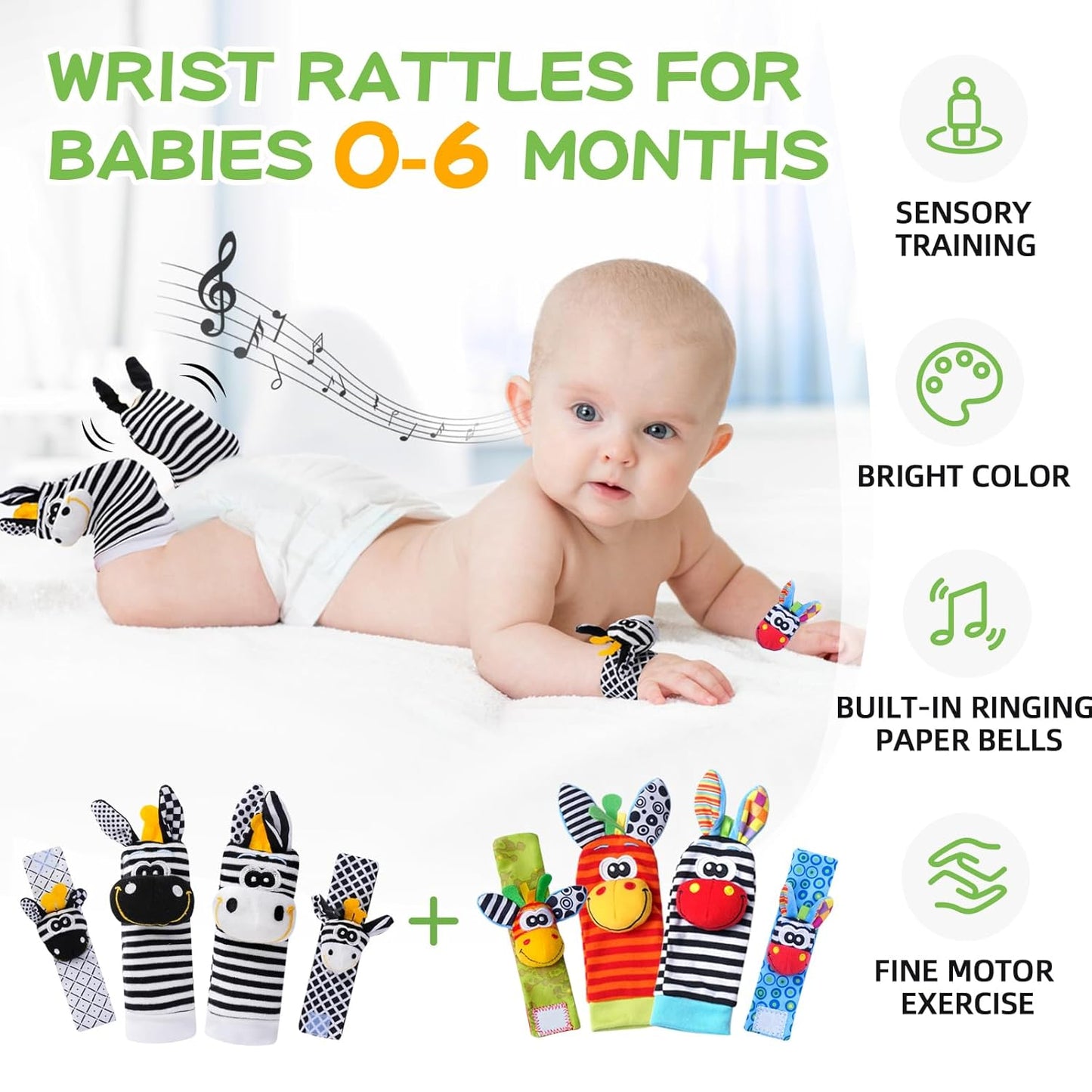Baby Toys 0-6 Months,High Contrast Baby Toys for Newborn, 8 Pcs, Animal Wrist & Foot Rattles Socks Set, Sensory Rattle Toys for 0-12 Months, Babies Boy Girl Gifts