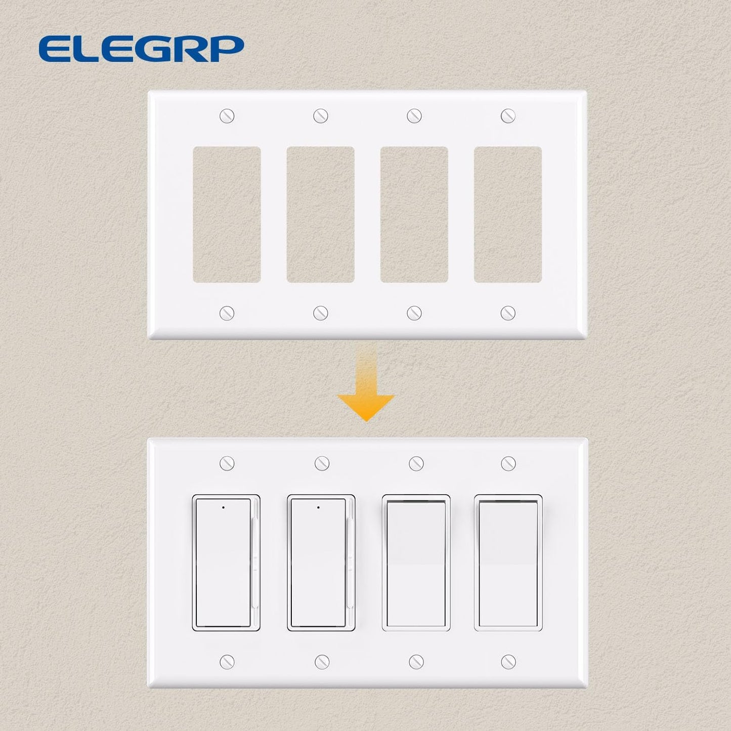 ELEGRP 4-Gang Decorative Wall Plates, Mid-Size 4.88" H x 8.57" L Unbreakable Thermoplastic Faceplate Cover for Decorator Receptacle Outlet Switch, UL Listed (1 Pack, Glossy White)