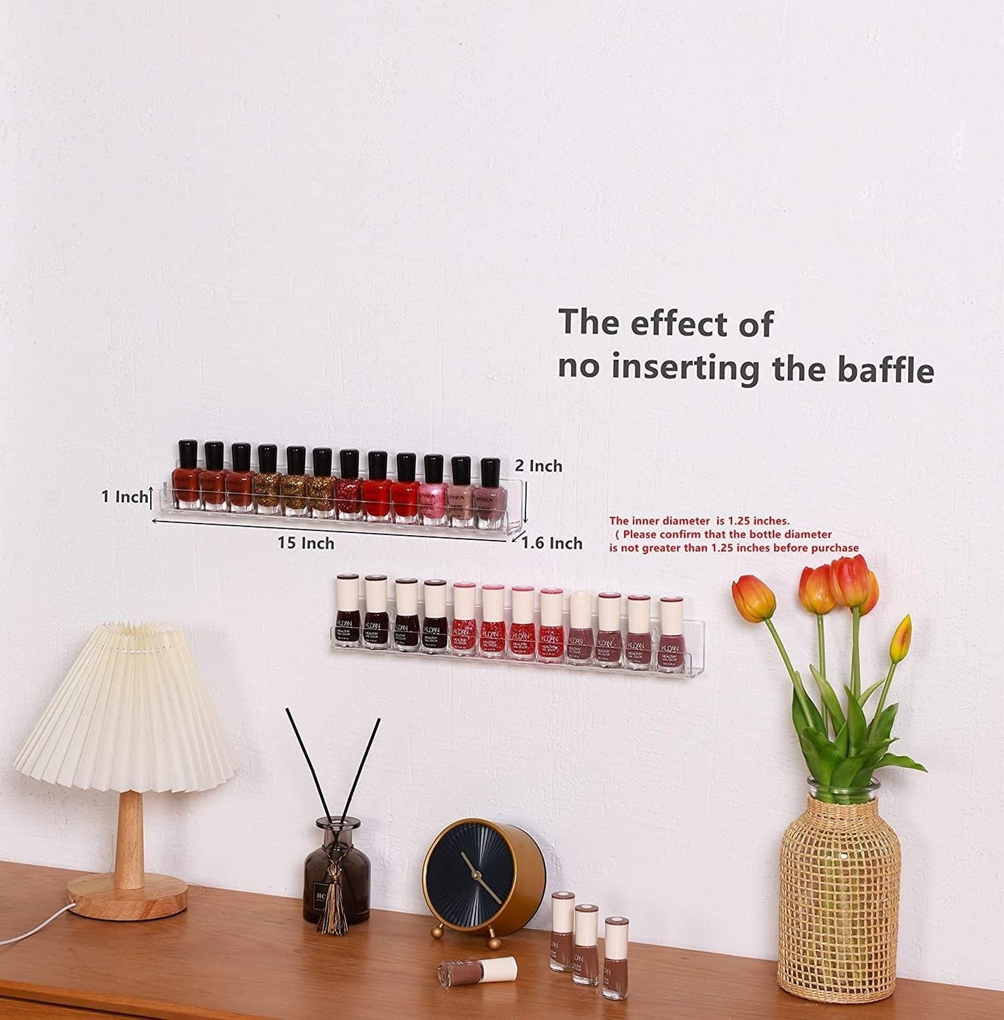 IEEK 4 PCS Floating Invisible Kids Bookshelf Wall Mounted Nail Polish Rack,Clear Acrylic Picture Ledge Vinyl Record Display Shelf Nail Polish Holder with Removable Anti-Slip End Inserts,15 inch