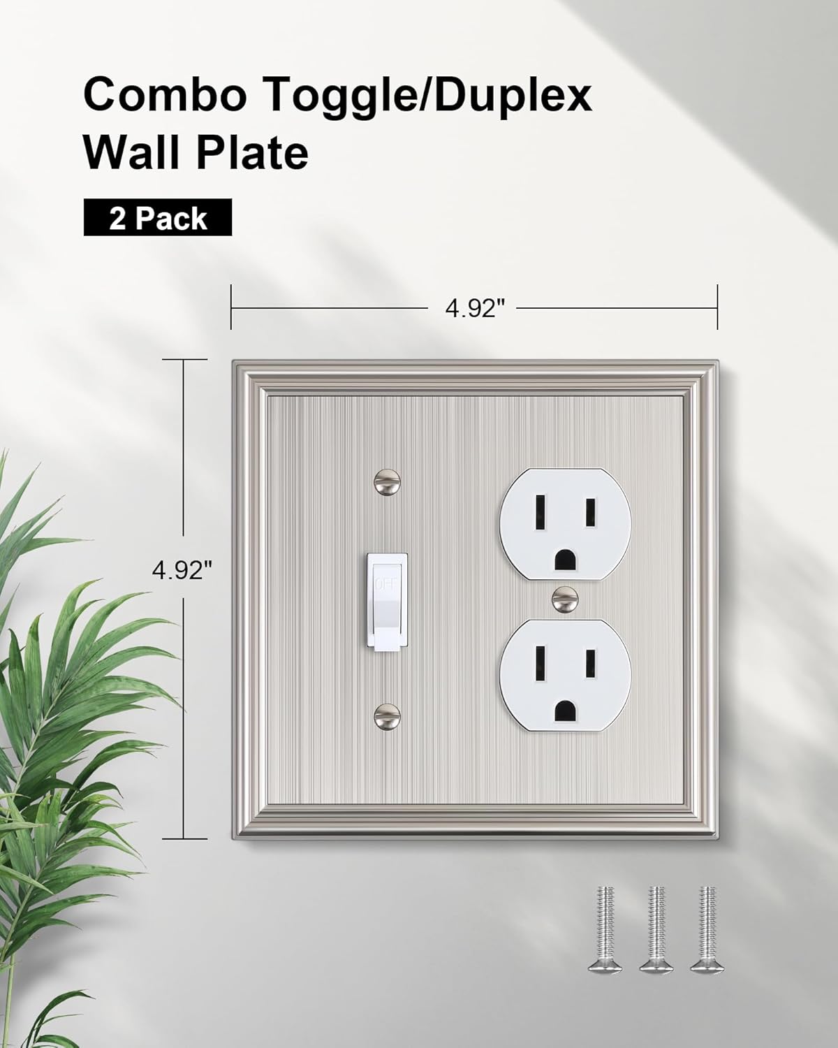 2-Pack Combo Toggle/Duplex Light Switch Cover Plate, Brushed Nickel Wall Outlet Cover Plate, Decorative Wall Receptacle Cover for Electrical Outlets, Light Switch, Durable Solid Zinc Alloy
