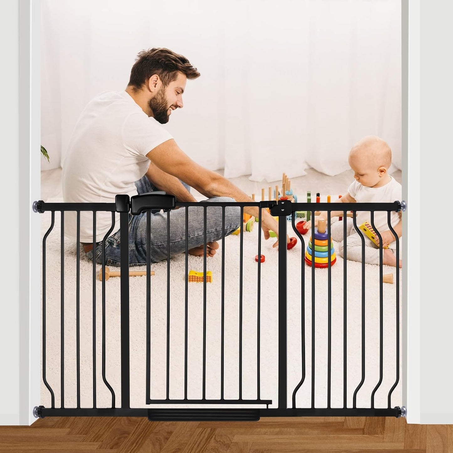 Extra Wide Baby Gate for Stairs Doorways with Door, 30" Tall 47.7-57.1" Wide Easy Install Dog Gate Indoor, Safety Metal Pressure Mounted Pet Gate with Walk-Thru Auto Close for the House, Black