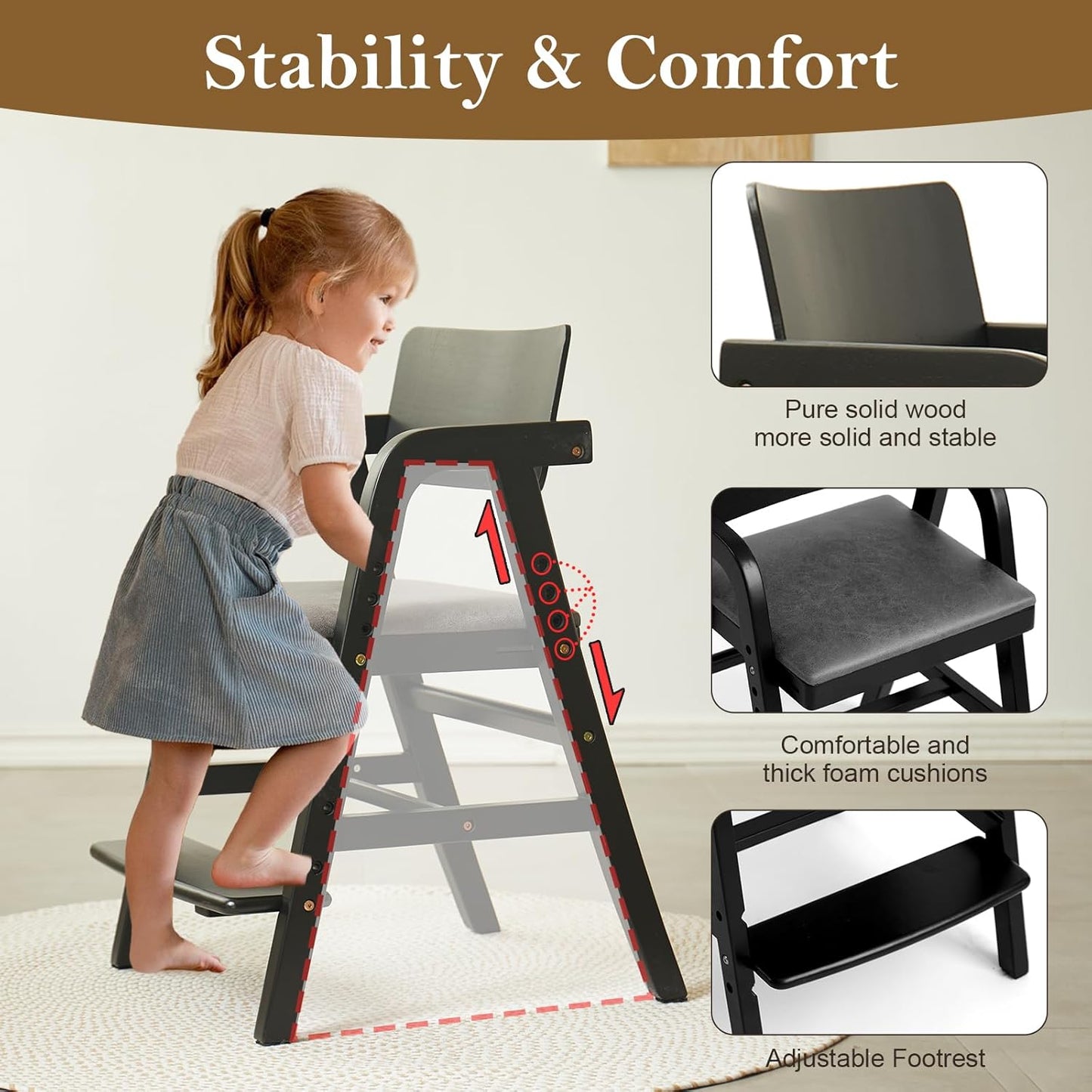 Solid Wood High Chair for Toddlers to Teens, Adjustable Height Toddler Dining Chair, Easy to Clean Toddler Highchair with Removable PU Cushion for Dining, Studying, Step Tool, Black