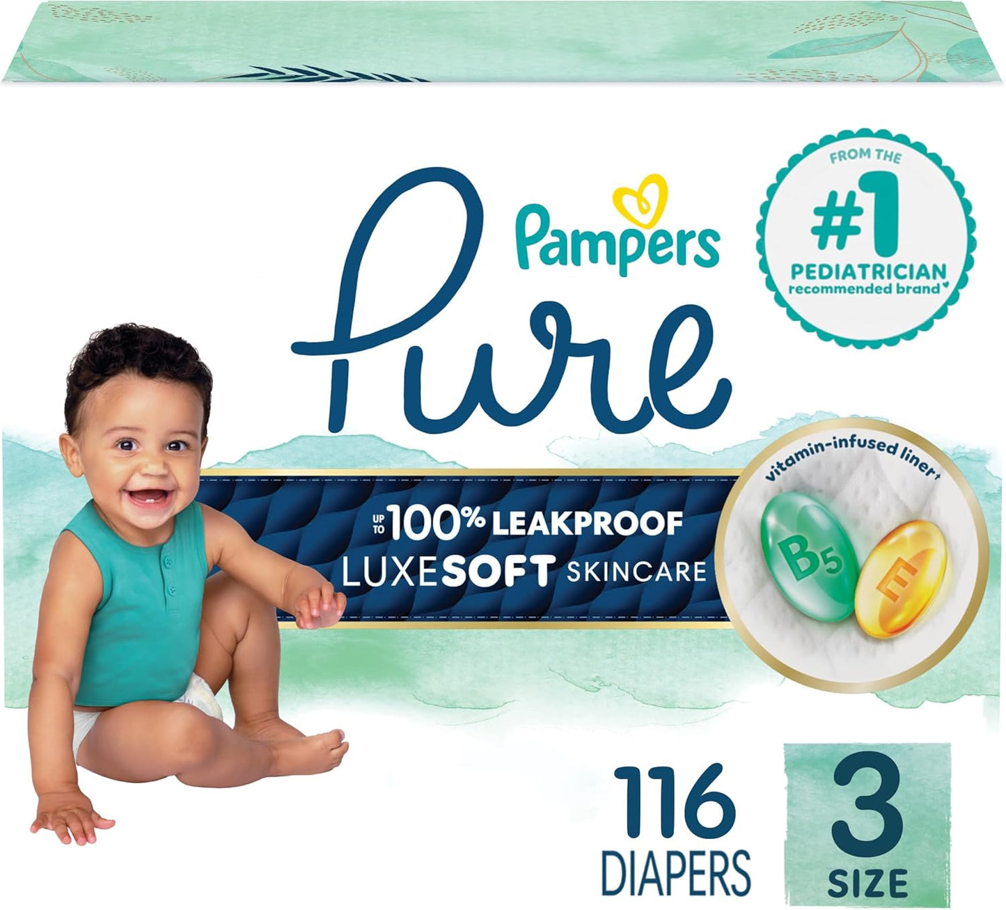 Pampers Pure Protection Baby Diapers, Size 3 (16-28 lbs), 116 Count, Up to 100% Leakproof, Premium Plant-based Skin Protection, Hypoallergenic Soft Diapers