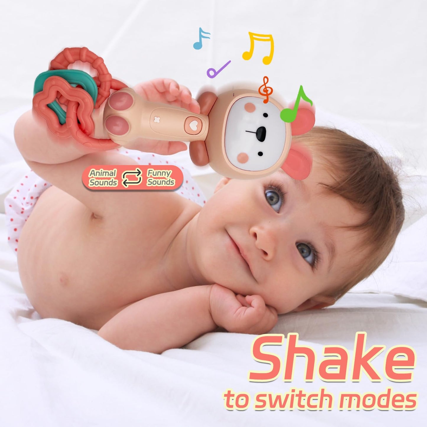 Baby Music Rattle, Teething Toys for Infants 6-12-18 Months Toddlers, Light-Up & Chew Sensory Toys for Baby Boy Girl Gifts (Rabbit)