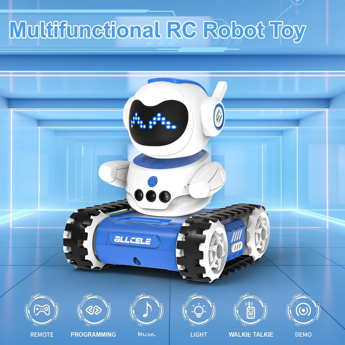 ALLCELE LED RC Robot Toys for Boys and Girls with Walkie Talkie, Programming, Music, Demo and LED Function, Remote Control Robot Toy, Gift for Kids 3-8 Years Old Blue White