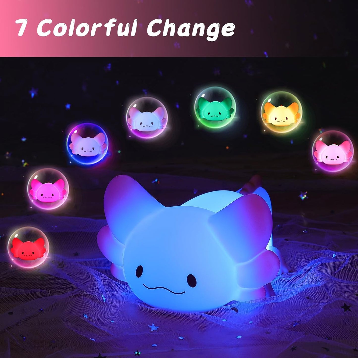 LOVERUIS Cute Night Light for Kids Axolotl Night-Light Baby Girl Squishy NightLight 1/3 Hour Timer Kitty Light Dimmable Nursery Lamp Colorful Nightlight Gift for Kid Toddler Kawaii Bedroom