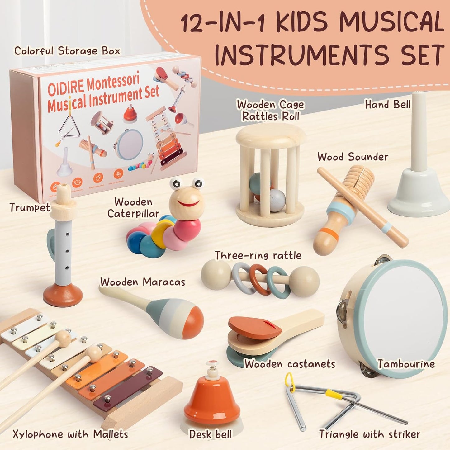 Toddler Musical Instruments Set, Montessori Baby Wooden Toys for Toddlers 1-3, Percussion Instruments for Kids with Xylophone, Neutral Colors Preschool Music Toys