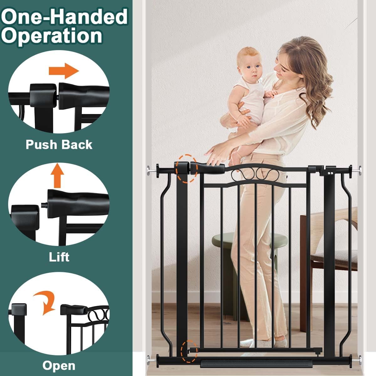 Fairy Baby 29.5"-53.1" Extra Wide Baby Gate for Doorways, Stairs Gate for Kids Toddler, Pressure Mounted Safety Child Gate Pet Barrier Fence Indoor, Walk Thru Auto Close Metal Dog Garden Gate, Black
