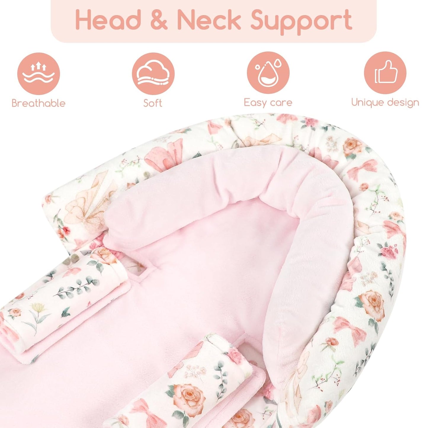 Baby Car Seat Head Support for Newborn, GFU 2 in 1 Infant Car Seat Head Body Support with Strap Pads, Soft Stroller Cushion Pillow Insert for Girls, Fits for Stroller, Swing, Pink Floral