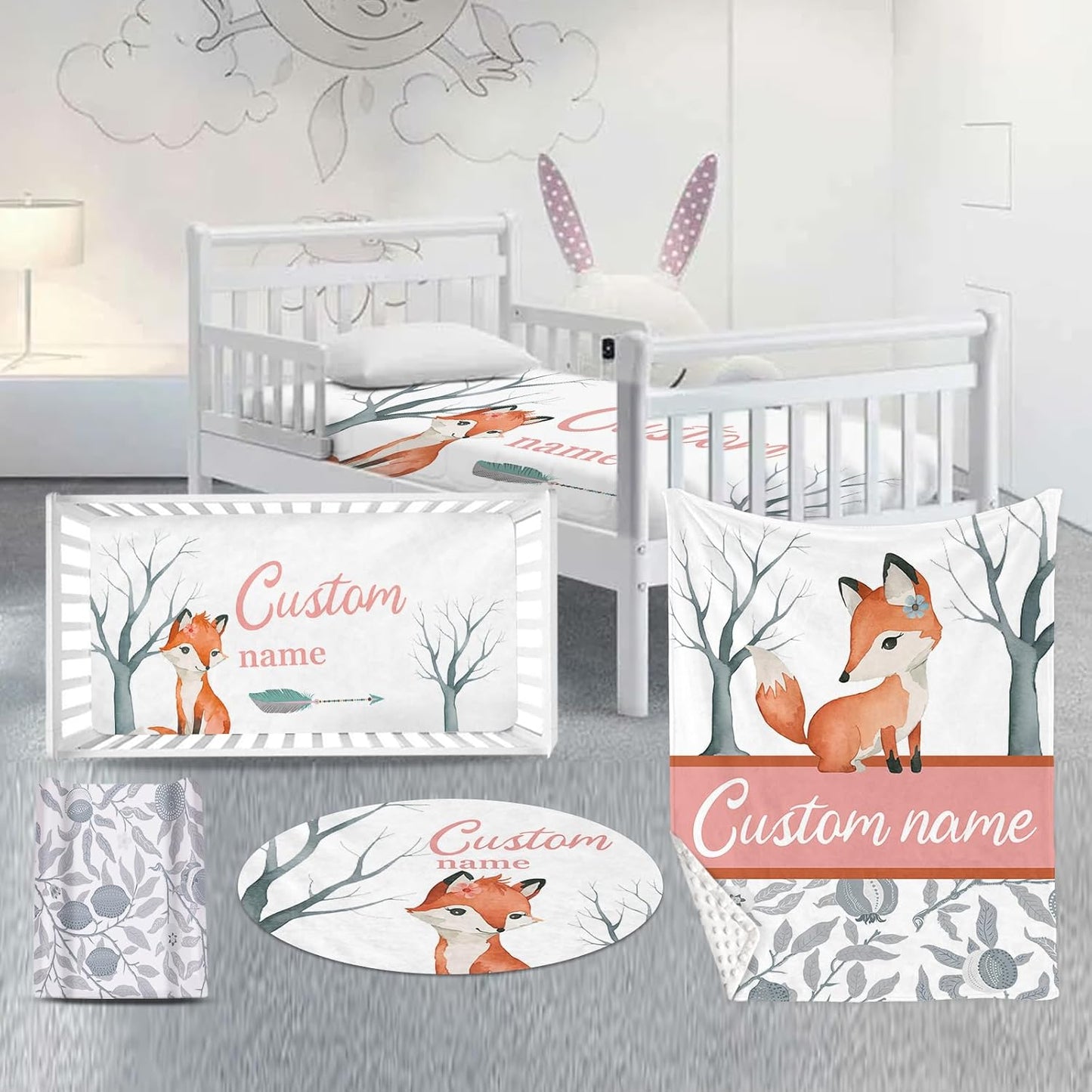 Custom Nursery Crib Bedding Set: Personalized Name 4 Piece Fox Pattern Baby Crib Sets for Girls - Toddler Double Layer Blanket Set, Comfortable Crib Bed Sheets for Baby Toddlers
