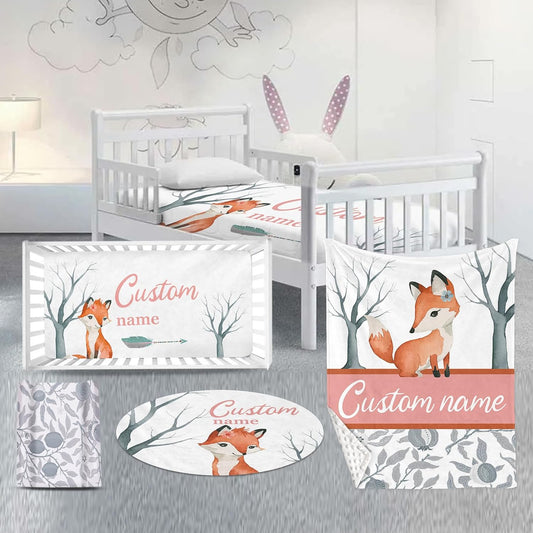 Custom Nursery Crib Bedding Set: Personalized Name 4 Piece Fox Pattern Baby Crib Sets for Girls - Toddler Double Layer Blanket Set, Comfortable Crib Bed Sheets for Baby Toddlers
