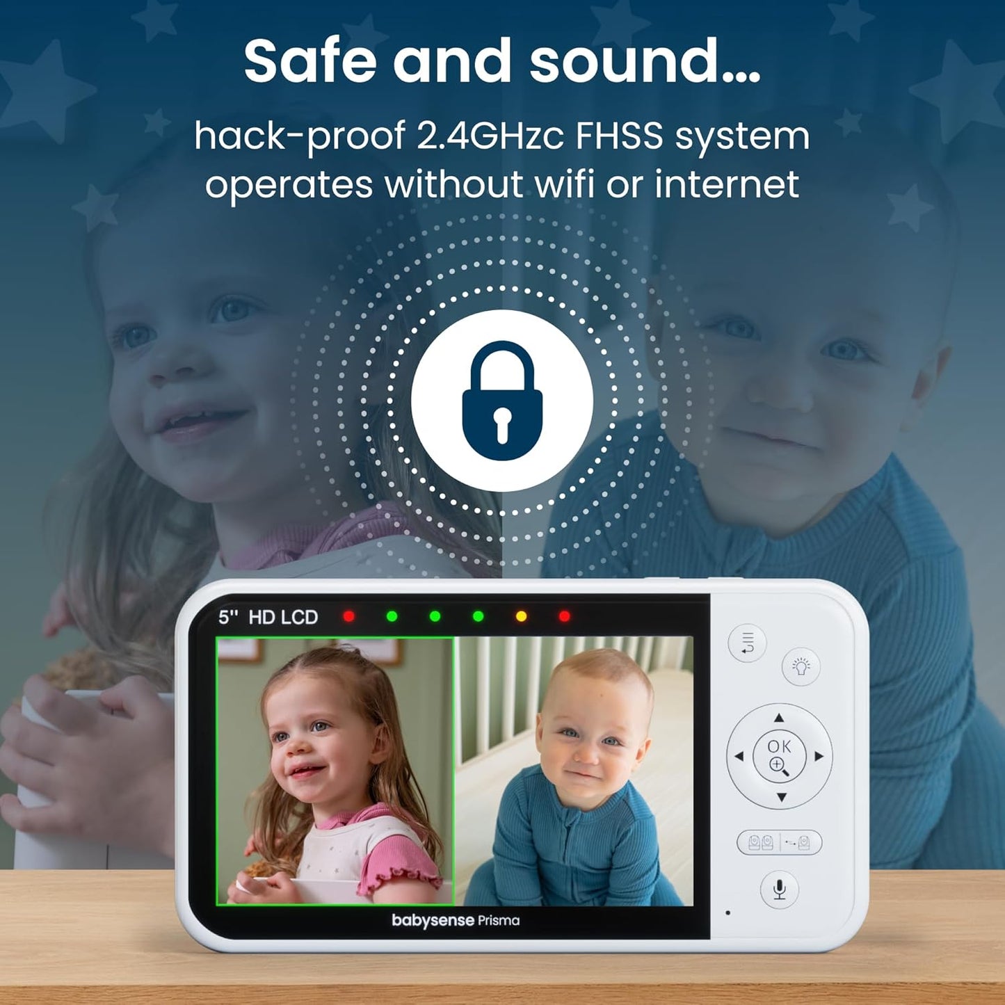 Babysense Prisma Baby Monitor with Camera and Audio, 5” HD Video Baby Monitor with 2 Cameras, 6-Color Night Light, Split Screen, Sound Machine with White Noise & Lullabies, Secure No WiFi