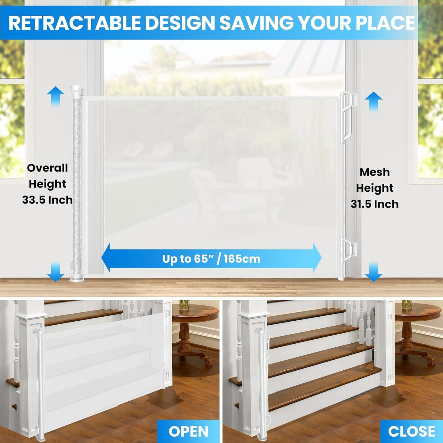 Retractable Safety Baby Gate or Mesh Dog Gate,Durable Portable Mesh Retractable Gate,Easy to Use for Stairs, Doorways, Hallways, Indoor, Outdoor, 33.5" Tall, Up to 65" Wide, White