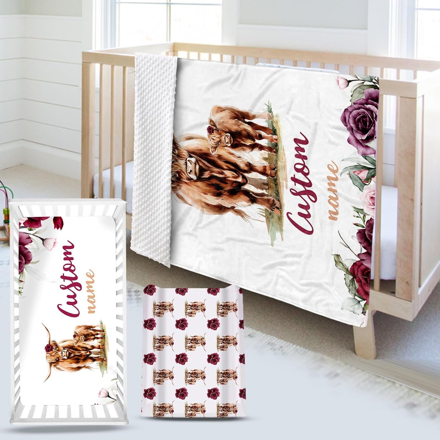 Custom Name Crib Bedding Set - Highland Cow Theme, Personalized Rose Floral Nursery Bedding 3-Piece Set– Soft Blanket, Fitted Sheet, Changing Pad Cover – for Newborns Girls Nursery Gifts