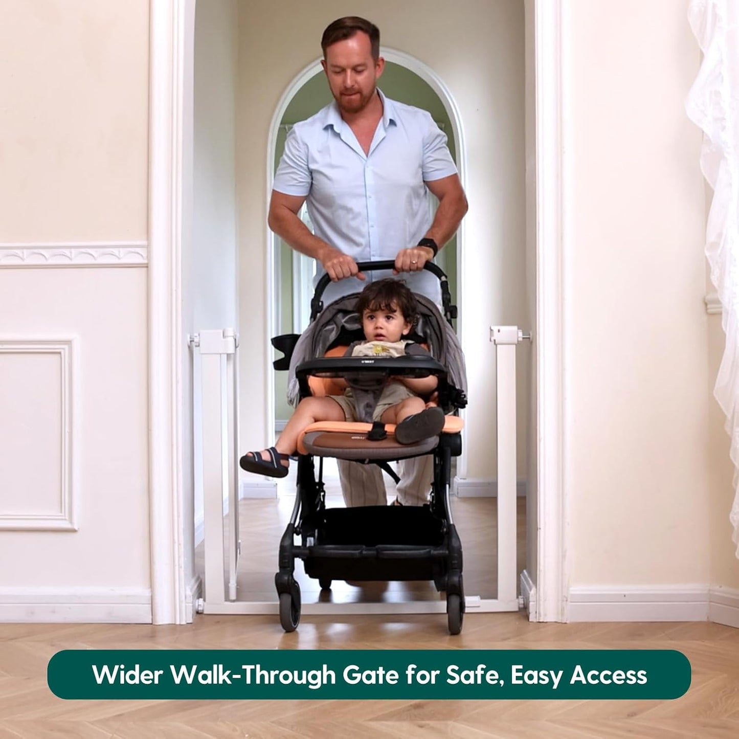 BABELIO Baby Gate for Doorways and Stairs, 31-36" Pet Gate with Wide Walk Thru Door and Lock Indicator, No Drill Pressure Mounted Safety Gate with Double Lock and Self-Closing, White