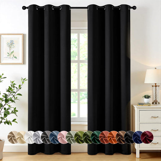 MIULEE Black Blackout Curtains for Bedroom Living Room 84 Inches Long 2 Panels, Thermal Insulated Room Darkening Drapes Solid Grommet Top Noise Reduction Light Blocking Halloween Window Treatments