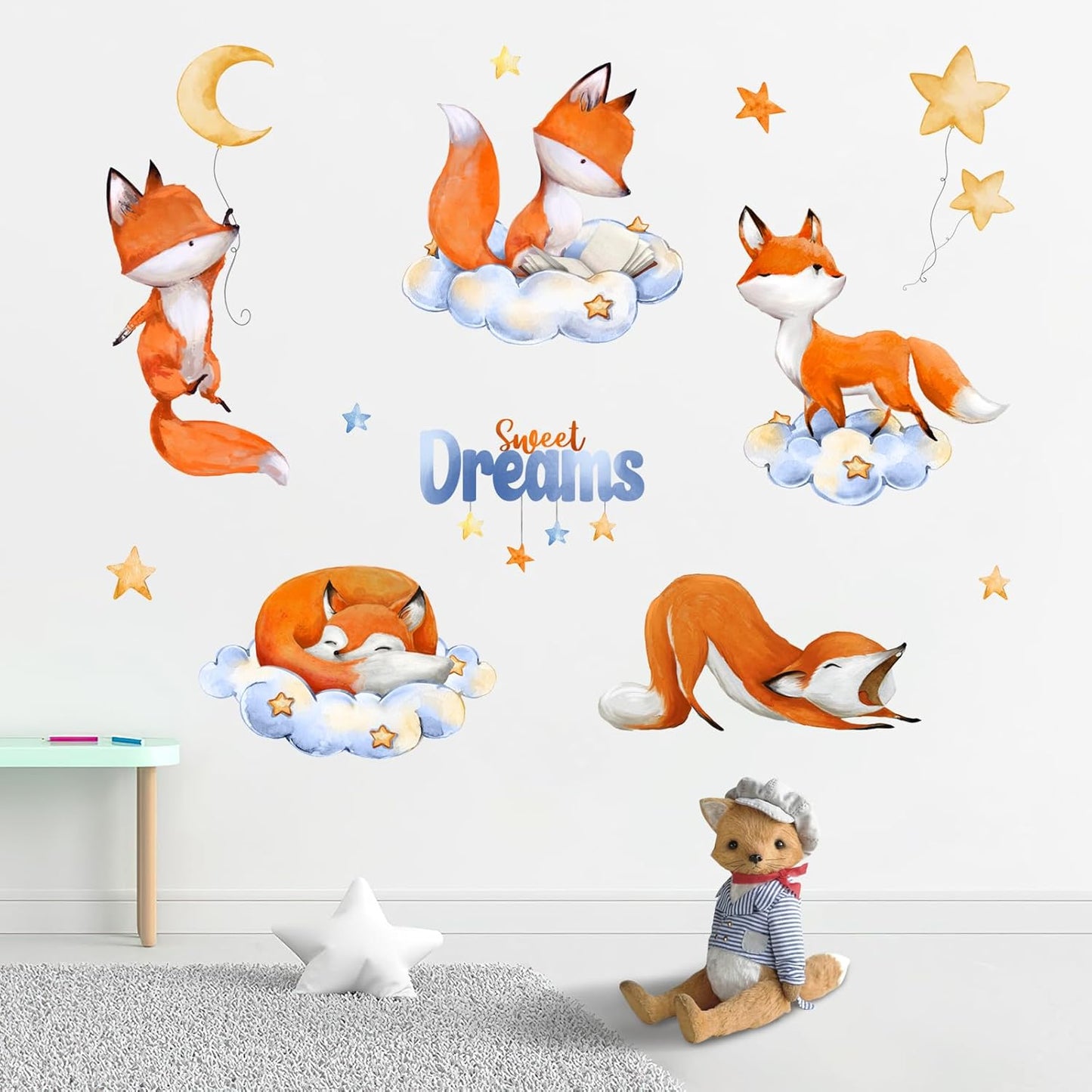 Yovkky Sweet Dream Sleeping Fox Wall Decals Stickers, Cloud Moon Stars Neutral Toddler Baby Nursery Decor, Cute Home Decorations Kids Bedroom Playroom Art
