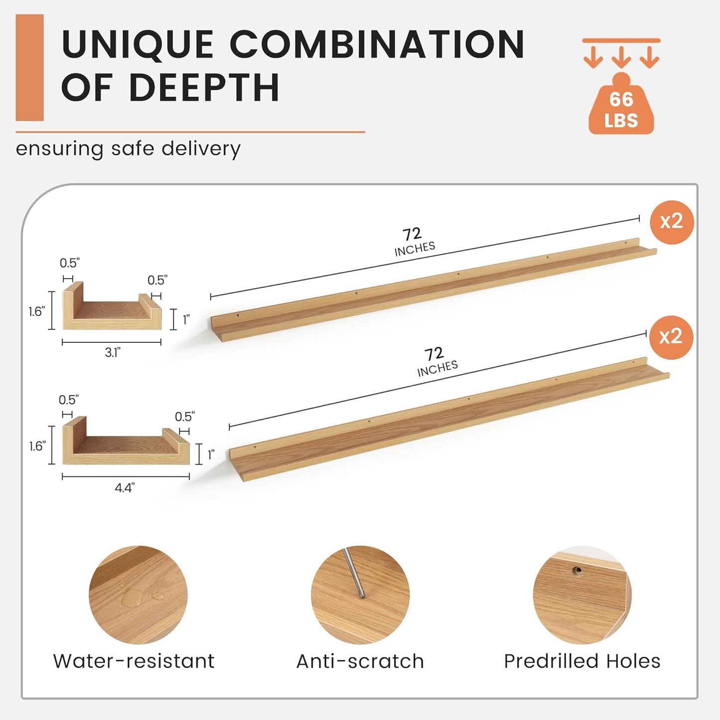 4-Pack 72 Inch Wall Mounted Floating Picture Ledge Shelves, Modern Oak Style, Perfect for Displaying Photos, Books, Collectibles, and More