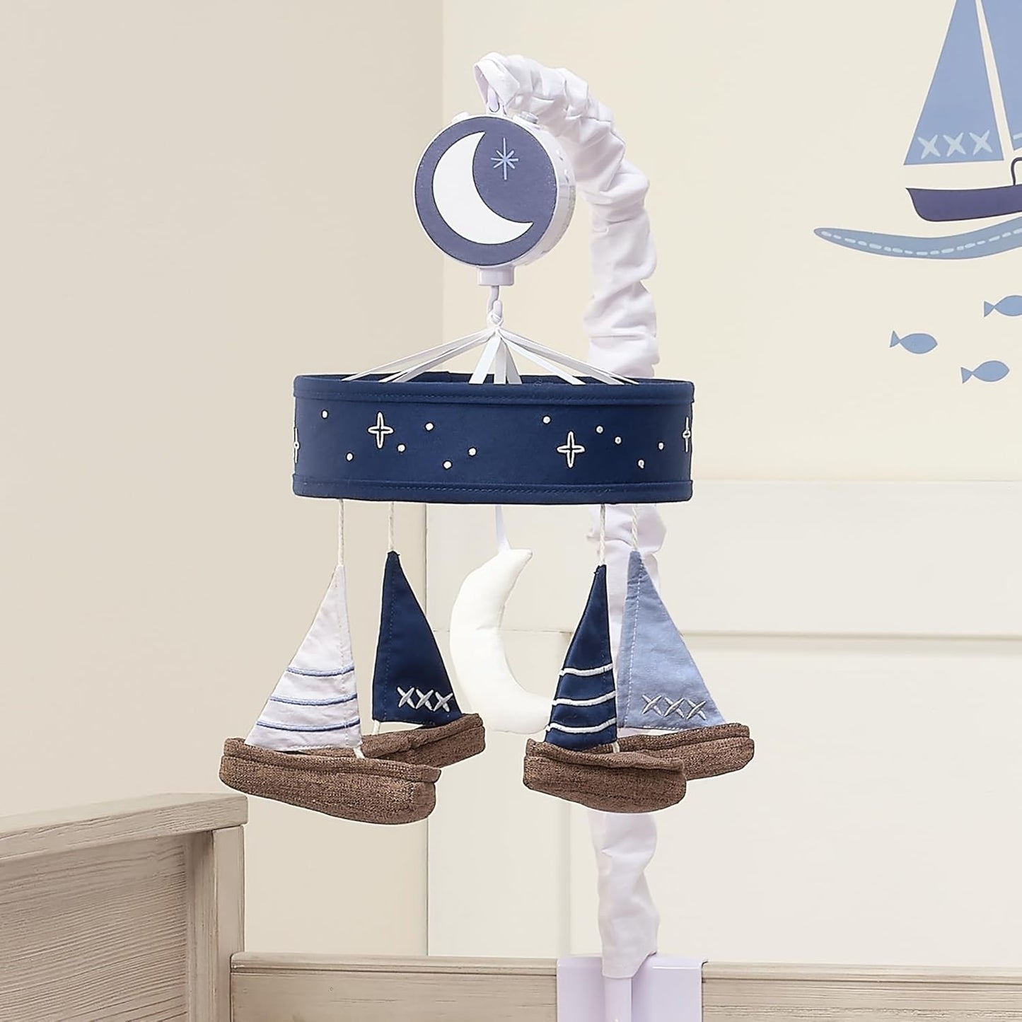 Lambs & Ivy Little Skipper Sailboat & Moon Musical Baby Crib Mobile Soother Toy