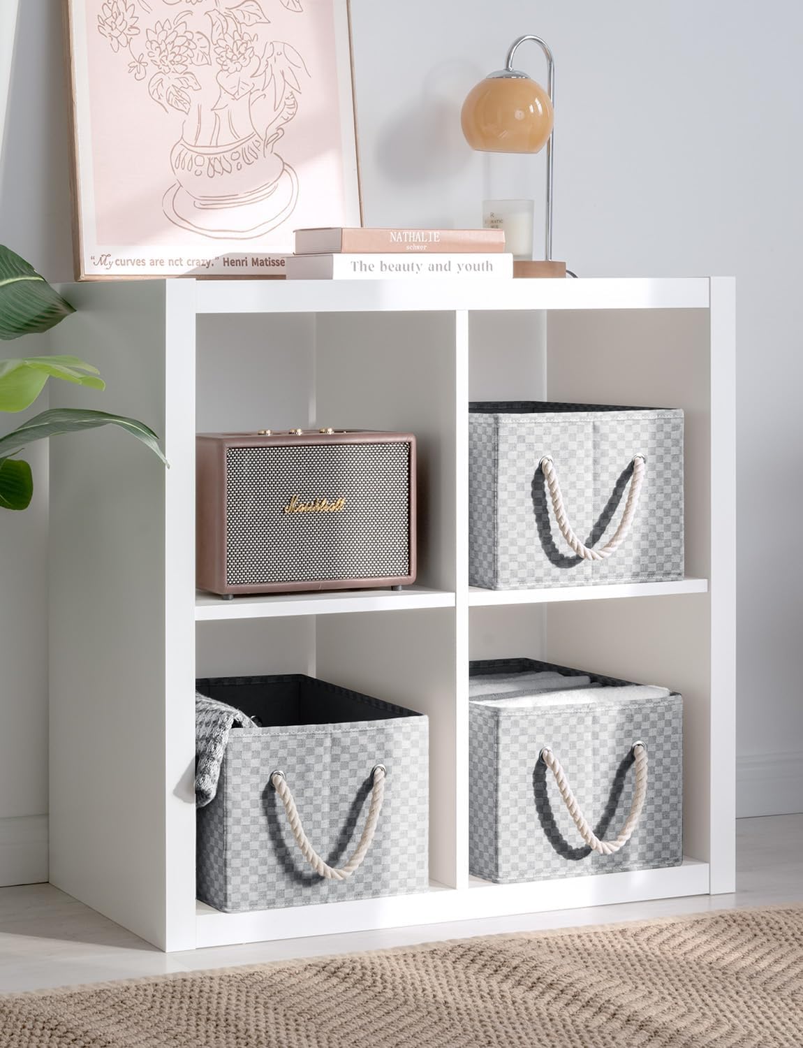 StorageWorks Storage Baskets for Shelves, Foldable Fabric Closet Storage Bins with Handles, Fabric Storage Bins Clothes Organizer, Gray Check, 3-Pack, Large