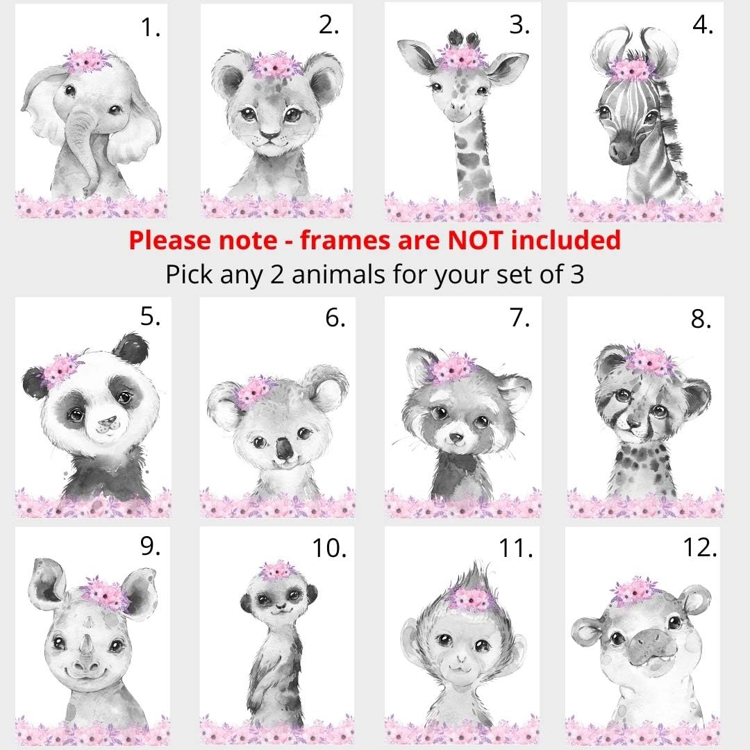 Safari Animals Girls Nursery Bedroom Unframed Set of 3 Poster Prints, Personalized Name Pink or Purple Flowers Wall Art Decor New Baby Gift Present, Elephant Giraffe Panda Zebra Lion (11x14)