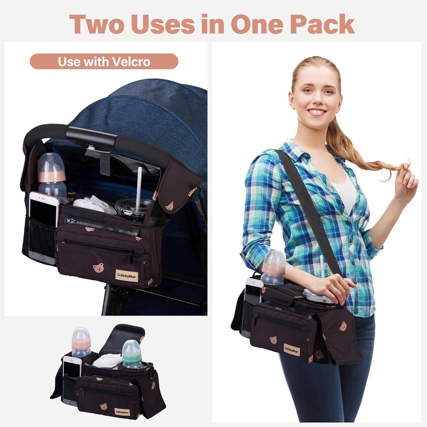 Universal Stroller Organizer with Cup Holders, Detachable Wristlet | Fits All Strollers | Stroller Diaper Bag Organizer with Phone Pocket, Insulated Bottle Holder & Storage Compartments